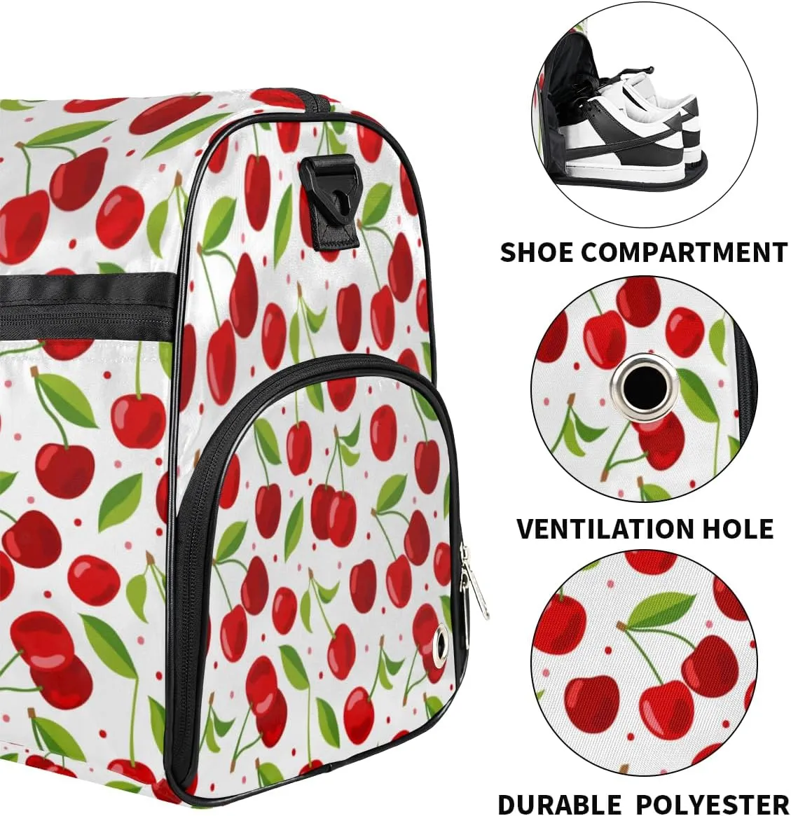 Cherry Print Sports Gym Bag for Women Men Travel Duffel Bag with Wet Pocket & Shoes Compartment Waterproof Weekender Overnight Tote Carry on Bag Lightweight