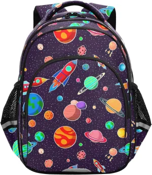 CHIFIGNO Kids Backpack, Cute Cartoon Spaceships Dark Purple Travel Bookbag Boys Girls Kids Hiking Backpack with Reflective Stripes