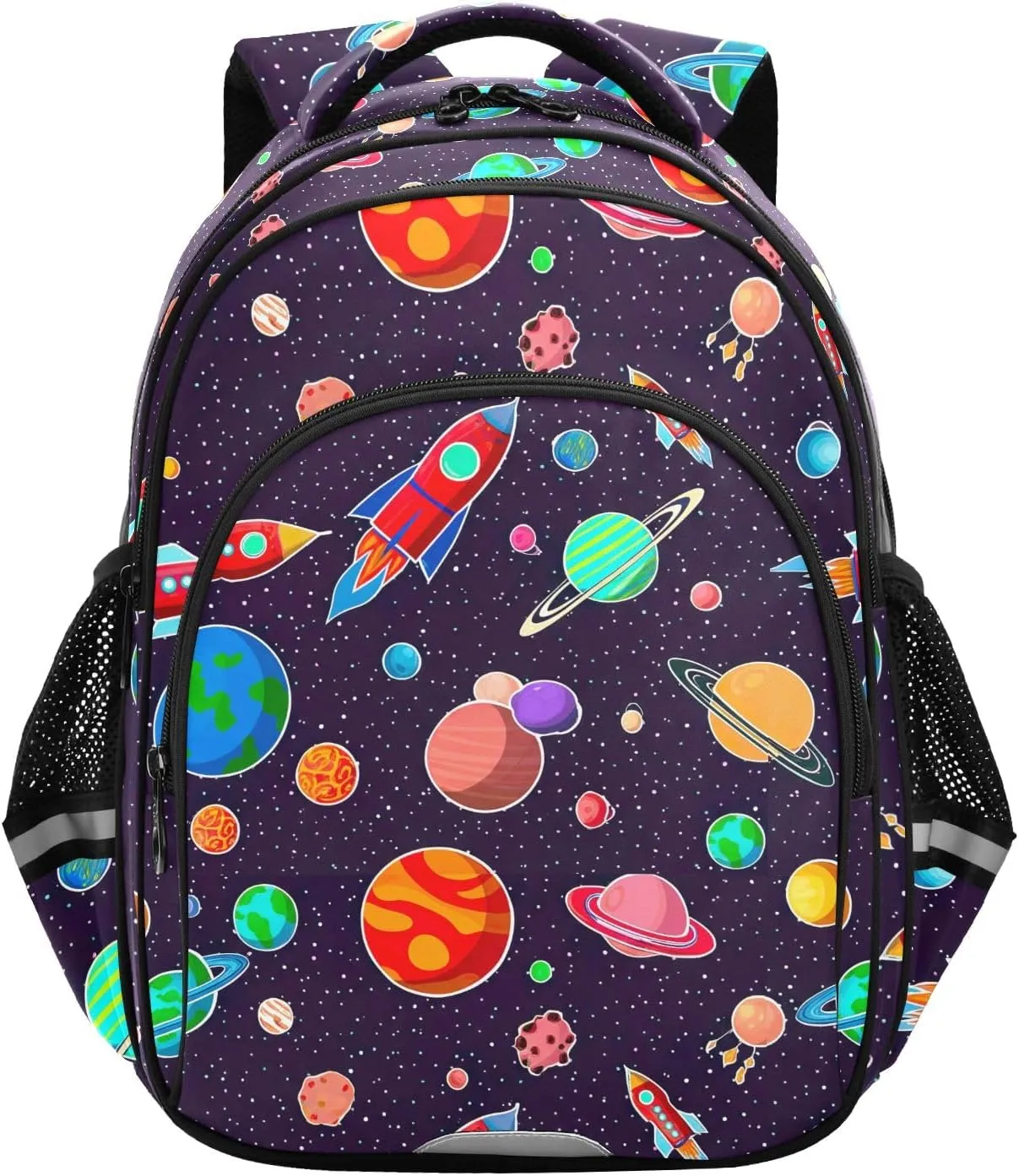 CHIFIGNO Kids Backpack, Cute Cartoon Spaceships Dark Purple Travel Bookbag Boys Girls Kids Hiking Backpack with Reflective Stripes