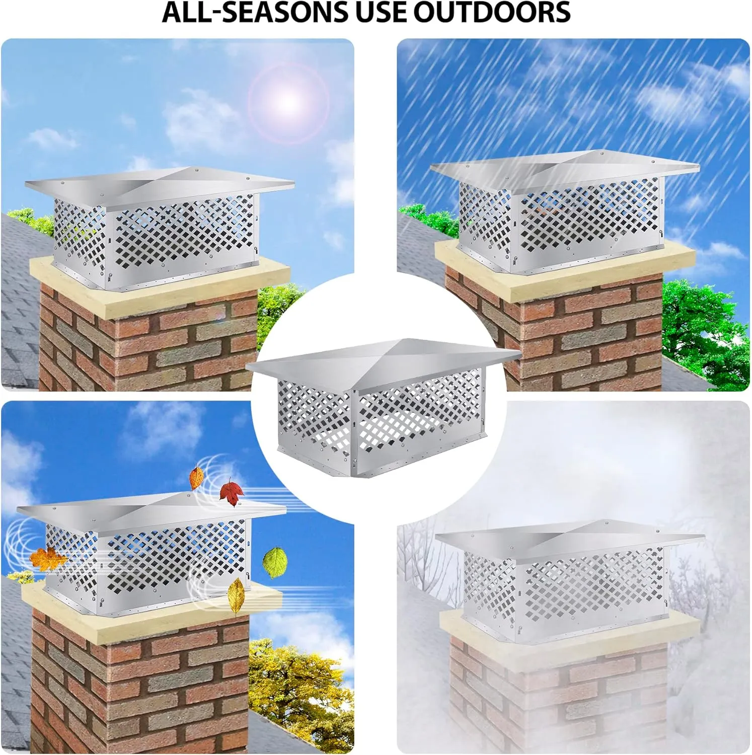 Chimney Cap,17" x 35"Chimney Cover, Bottom Installation Method Adjustable to Fit Outside Existing Clay Flue Tile Dimensions 16.7" x 34.7" to 19.3" x 37.3", All Stainless Steel Structure