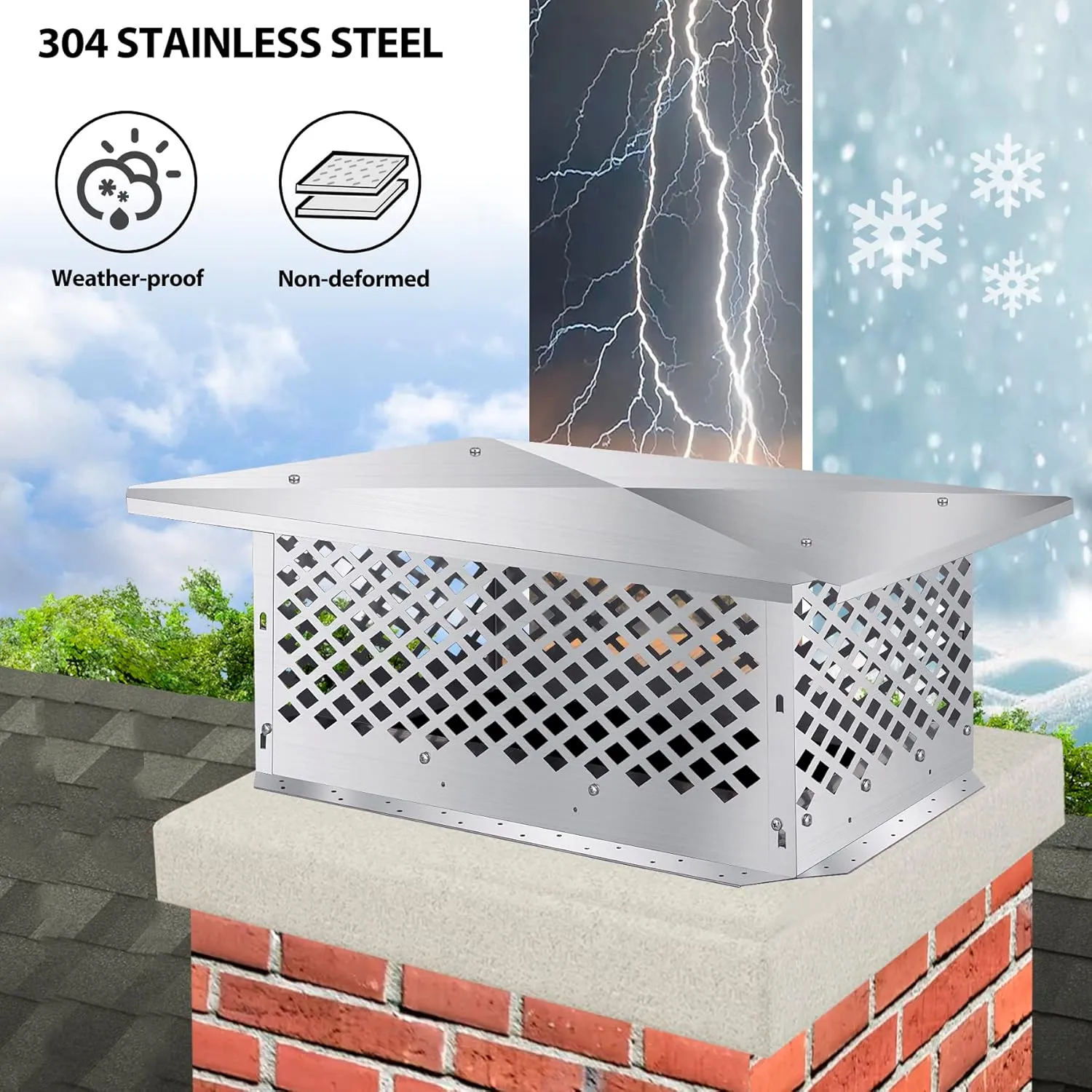 Chimney Cap,17" x 35"Chimney Cover, Bottom Installation Method Adjustable to Fit Outside Existing Clay Flue Tile Dimensions 16.7" x 34.7" to 19.3" x 37.3", All Stainless Steel Structure