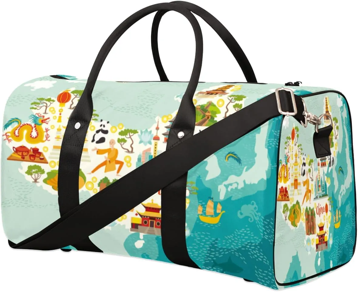 China Map With Symbols Travel Duffel Bag, Foldable Sport Gym Tote Bag, Waterproof Weekender Overnight Bag with Shoulder Strap, Carry On Luggage Handbag for Men and Women