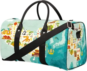 China Map With Symbols Travel Duffel Bag, Foldable Sport Gym Tote Bag, Waterproof Weekender Overnight Bag with Shoulder Strap, Carry On Luggage Handbag for Men and Women