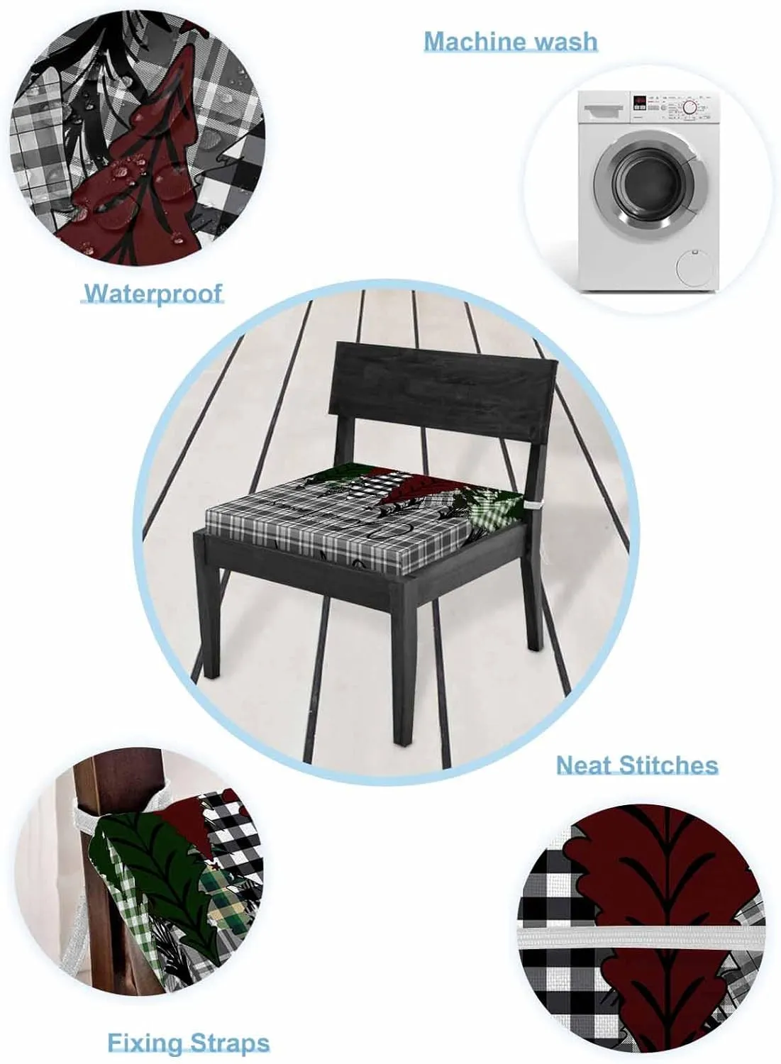 Christmas Tree Outdoor Cushion Chair Cover Set of 4 - Waterproof Couch Seat Covers, Xmas Tree Snowflake Grey Plaid Patio Furniture Protector Cushions Slipcovers for Sofa/Garden/RV, 20"x18"x4"