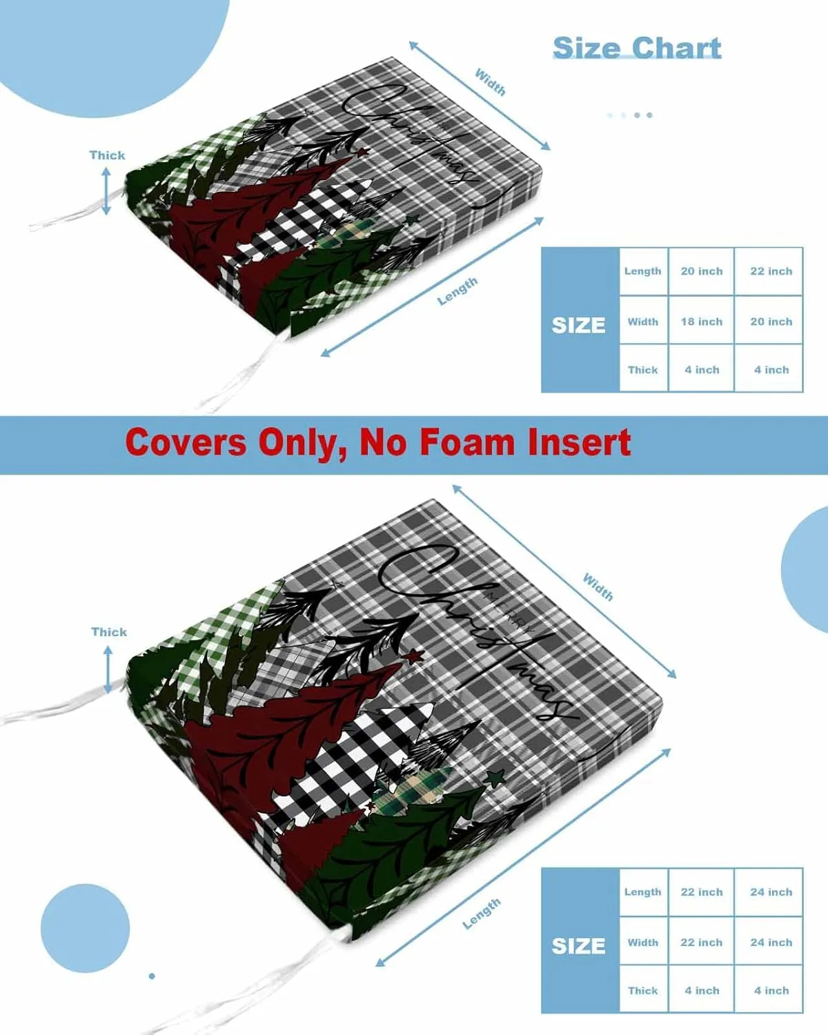 Christmas Tree Outdoor Cushion Chair Cover Set of 4 - Waterproof Couch Seat Covers, Xmas Tree Snowflake Grey Plaid Patio Furniture Protector Cushions Slipcovers for Sofa/Garden/RV, 20"x18"x4"