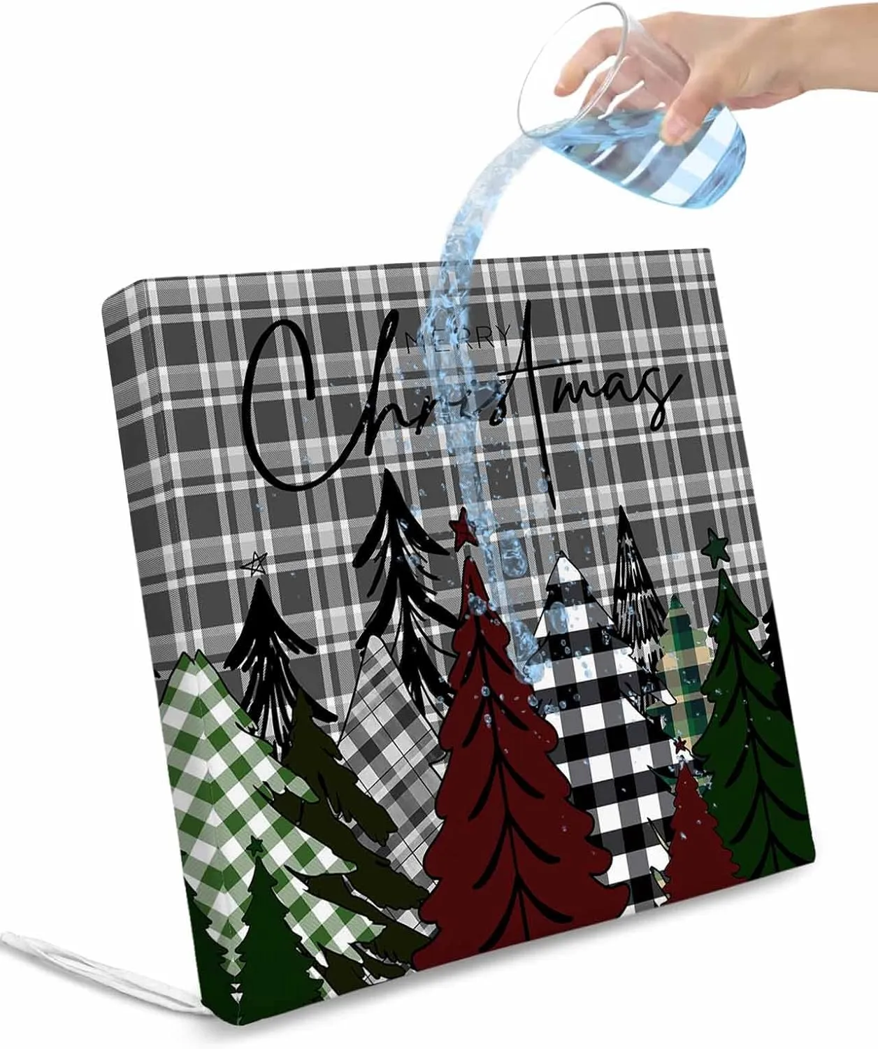 Christmas Tree Outdoor Cushion Chair Cover Set of 4 - Waterproof Couch Seat Covers, Xmas Tree Snowflake Grey Plaid Patio Furniture Protector Cushions Slipcovers for Sofa/Garden/RV, 20"x18"x4"