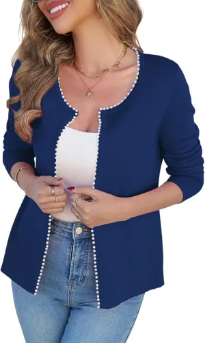 CiCiBird Women Lightweight Open Front Sweater Cardigan Pearls Trim Knit Jacket Trendy Long Sleeve Clothes Coatigan