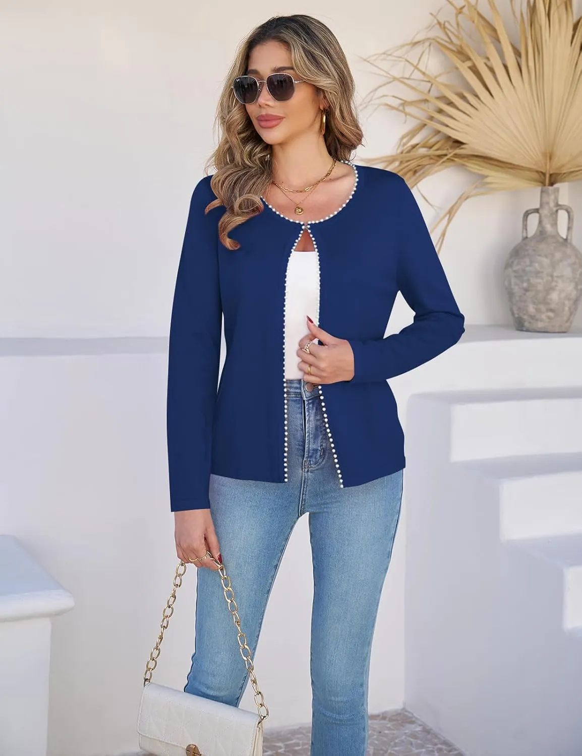 CiCiBird Women Lightweight Open Front Sweater Cardigan Pearls Trim Knit Jacket Trendy Long Sleeve Clothes Coatigan