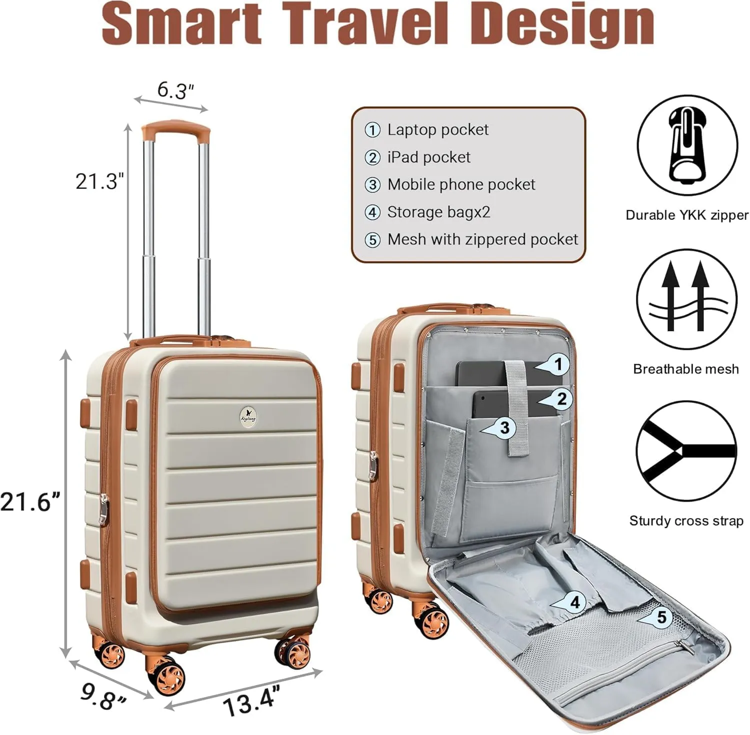 Classic 20" Carry-On Luggage Set with TSA Lock Spinner Wheels, Lightweight Hardside Expandable Suitcase with Front Open Pocket, Bonus Makeup Bag, White-Brown