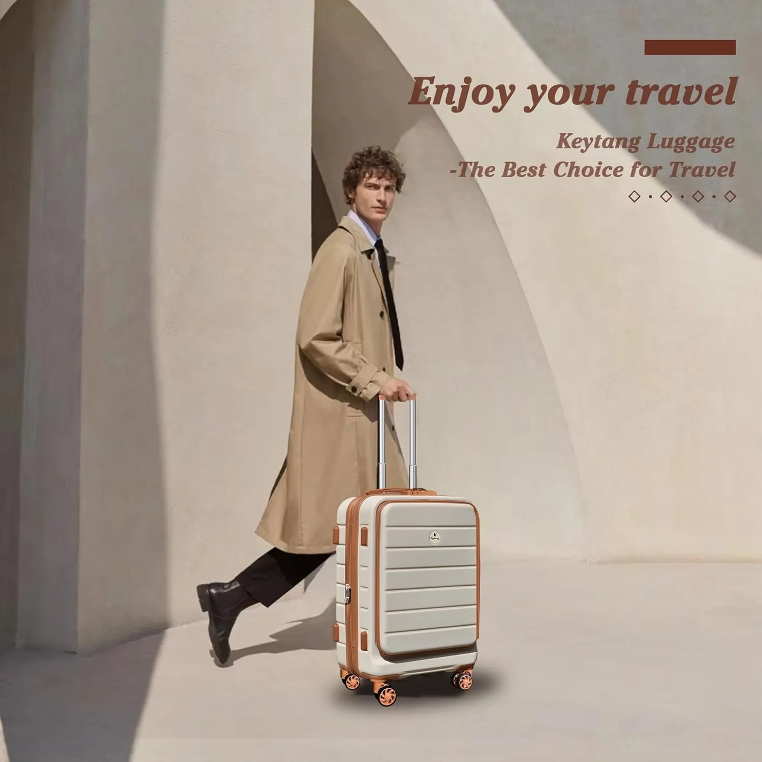 Classic 20" Carry-On Luggage Set with TSA Lock Spinner Wheels, Lightweight Hardside Expandable Suitcase with Front Open Pocket, Bonus Makeup Bag, White-Brown