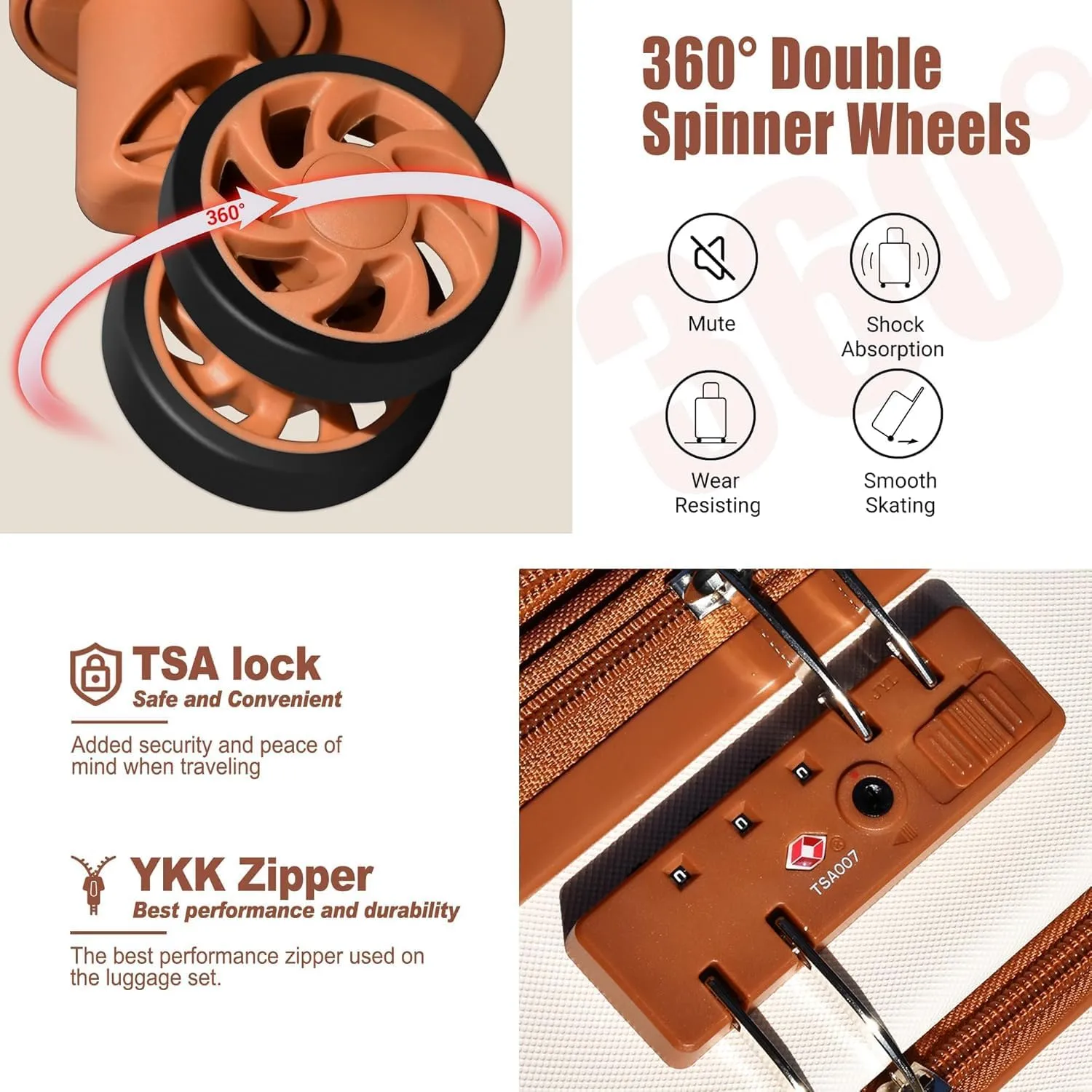 Classic 20" Carry-On Luggage Set with TSA Lock Spinner Wheels, Lightweight Hardside Expandable Suitcase with Front Open Pocket, Bonus Makeup Bag, White-Brown