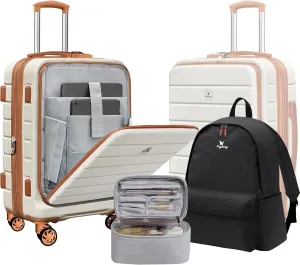 Classic 20" Carry-On Luggage Set with TSA Lock Spinner Wheels, Lightweight Hardside Expandable Suitcase with Front Open Pocket, Bonus Makeup Bag, White-Brown