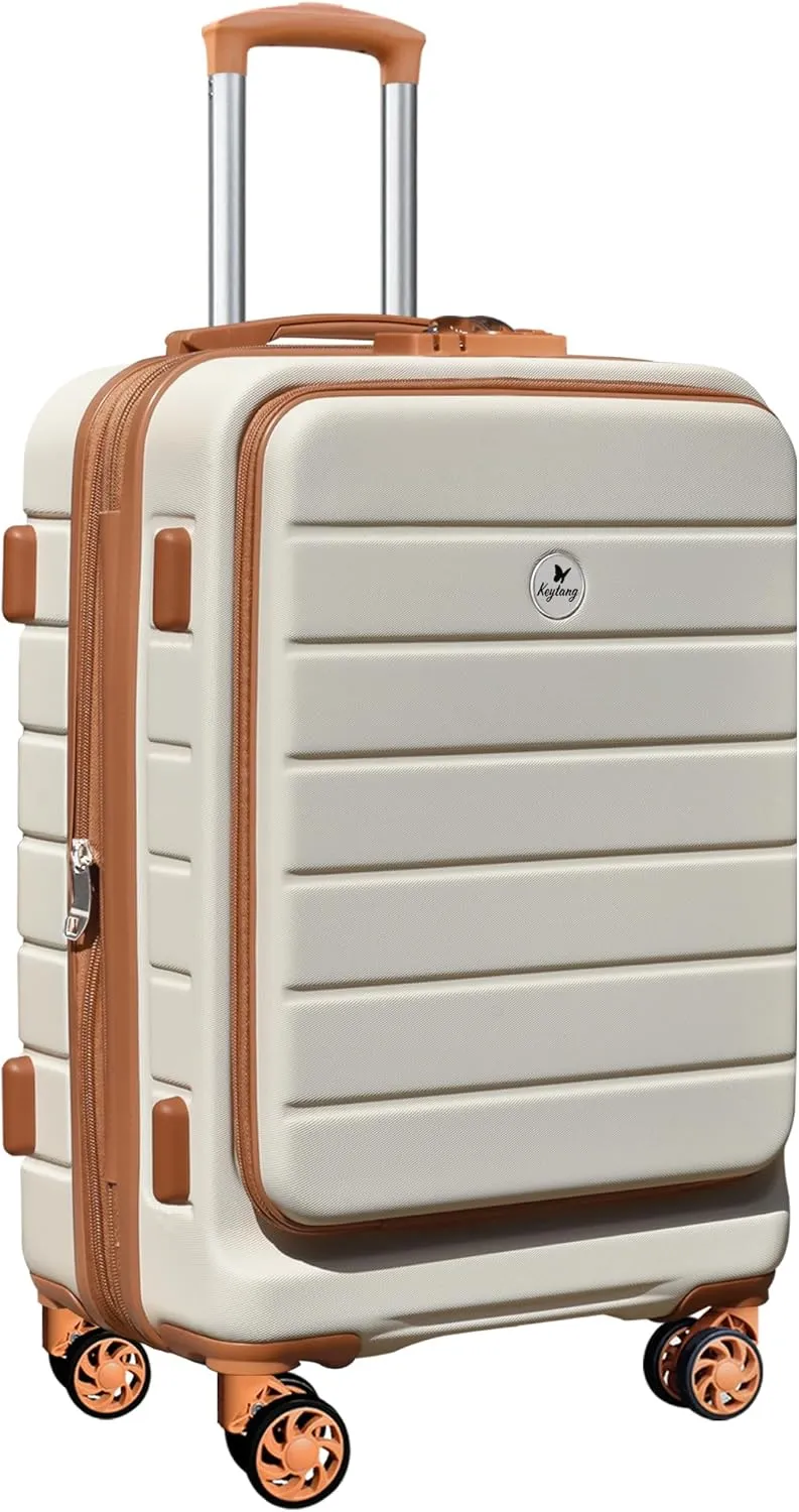 Classic 20" Carry-On Luggage Set with TSA Lock Spinner Wheels, Lightweight Hardside Expandable Suitcase with Front Open Pocket, Bonus Makeup Bag, White-Brown