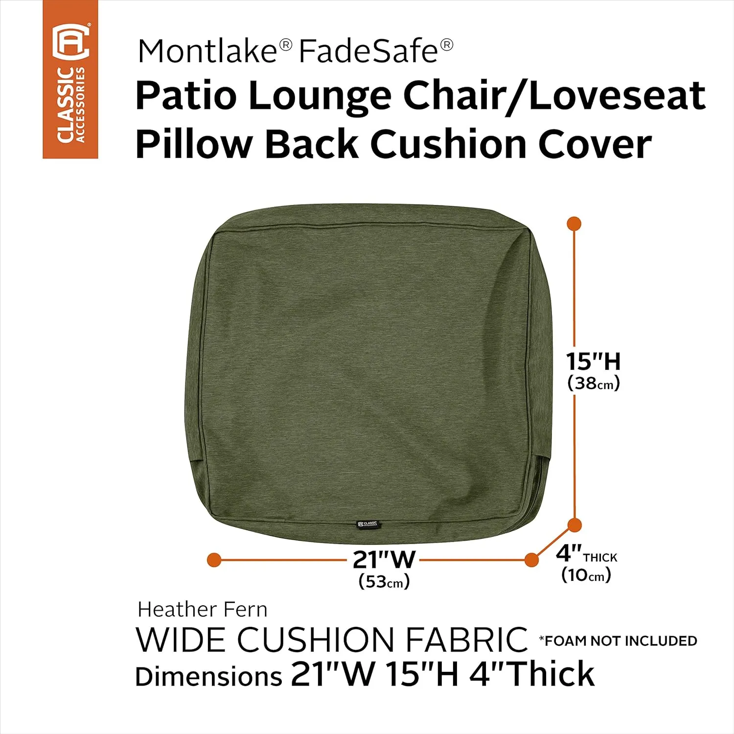 Classic Accessories Montlake FadeSafe Water-Resistant Patio Lounge Back Cushion Cover, 21 x 15 x 4 Inch, Heather Fern, Patio Furniture Cushion Covers (Pack of 2)