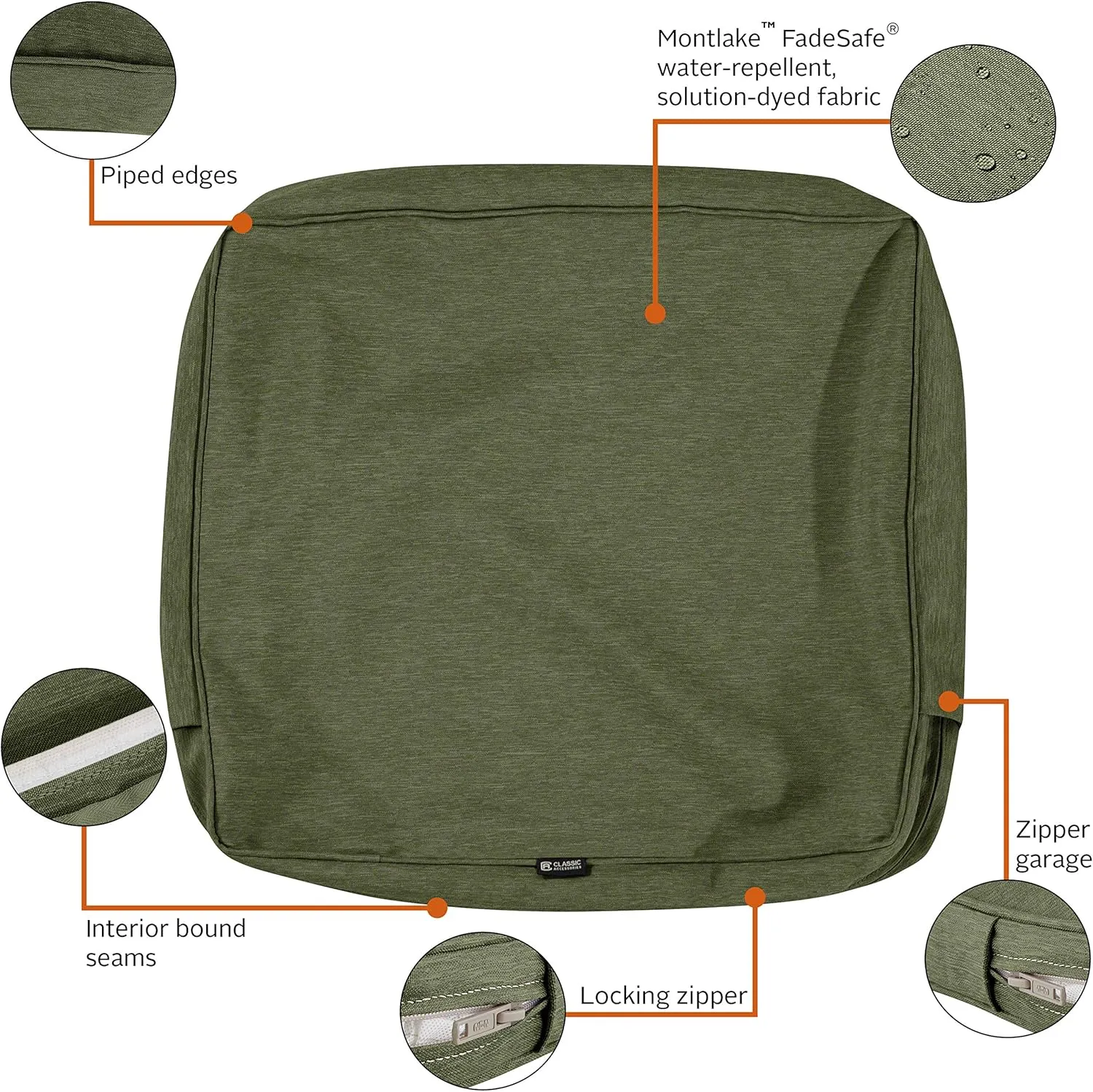 Classic Accessories Montlake FadeSafe Water-Resistant Patio Lounge Back Cushion Cover, 21 x 15 x 4 Inch, Heather Fern, Patio Furniture Cushion Covers (Pack of 2)