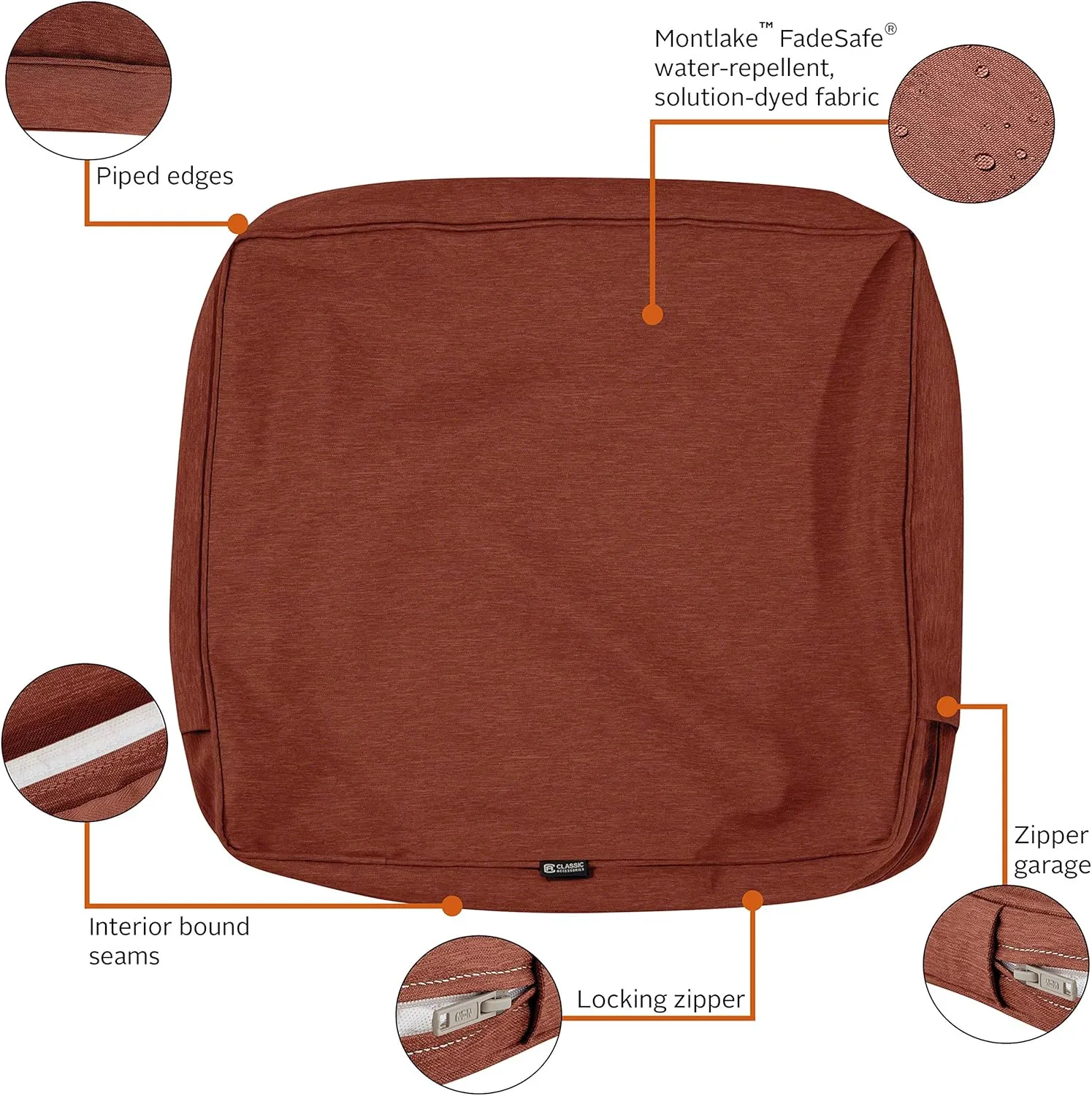 Classic Accessories Montlake FadeSafe Water-Resistant Patio Lounge Back Cushion Cover, 25 x 15 x 4 Inch, Heather Henna, Patio Furniture Cushion Covers