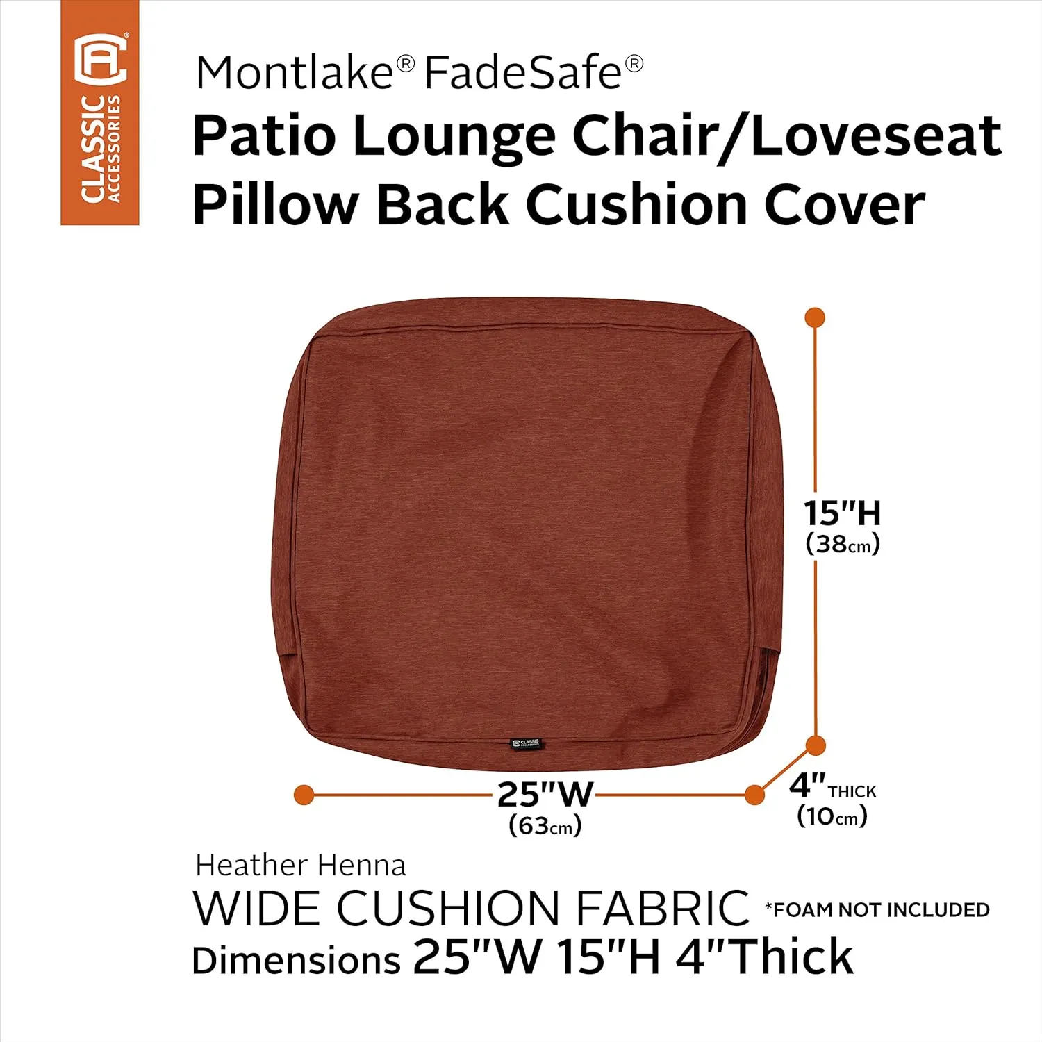 Classic Accessories Montlake FadeSafe Water-Resistant Patio Lounge Back Cushion Cover, 25 x 15 x 4 Inch, Heather Henna, Patio Furniture Cushion Covers