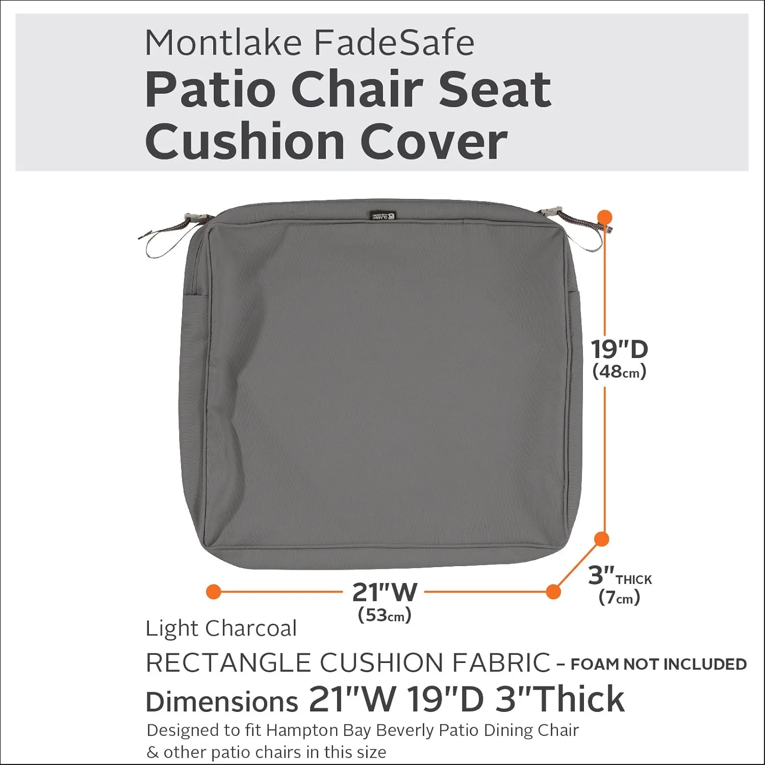 Classic Accessories Montlake Water-Resistant 21 x 19 x 3 Inch Rectangle Outdoor Seat Cushion Slip Cover, Patio Furniture Chair Cushion Cover, Light Charcoal Grey, Patio Furniture Cushion Covers
