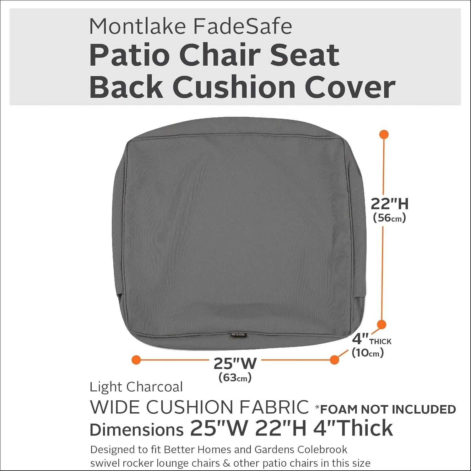 Classic Accessories Montlake Water-Resistant 25 x 22 x 4 Inch Outdoor Back Cushion Slip Cover, Patio Furniture Cushion Cover, Light Charcoal Grey, Patio Furniture Cushion Covers