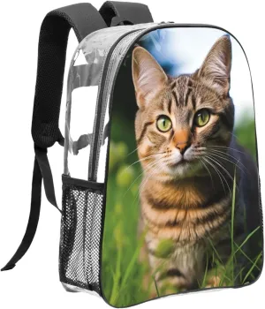 Clear Backpack Heavy Duty PVC Transparent Bookbag A tabby cat on the grass looking at the camera Backpack Daypack Laptop Backpack