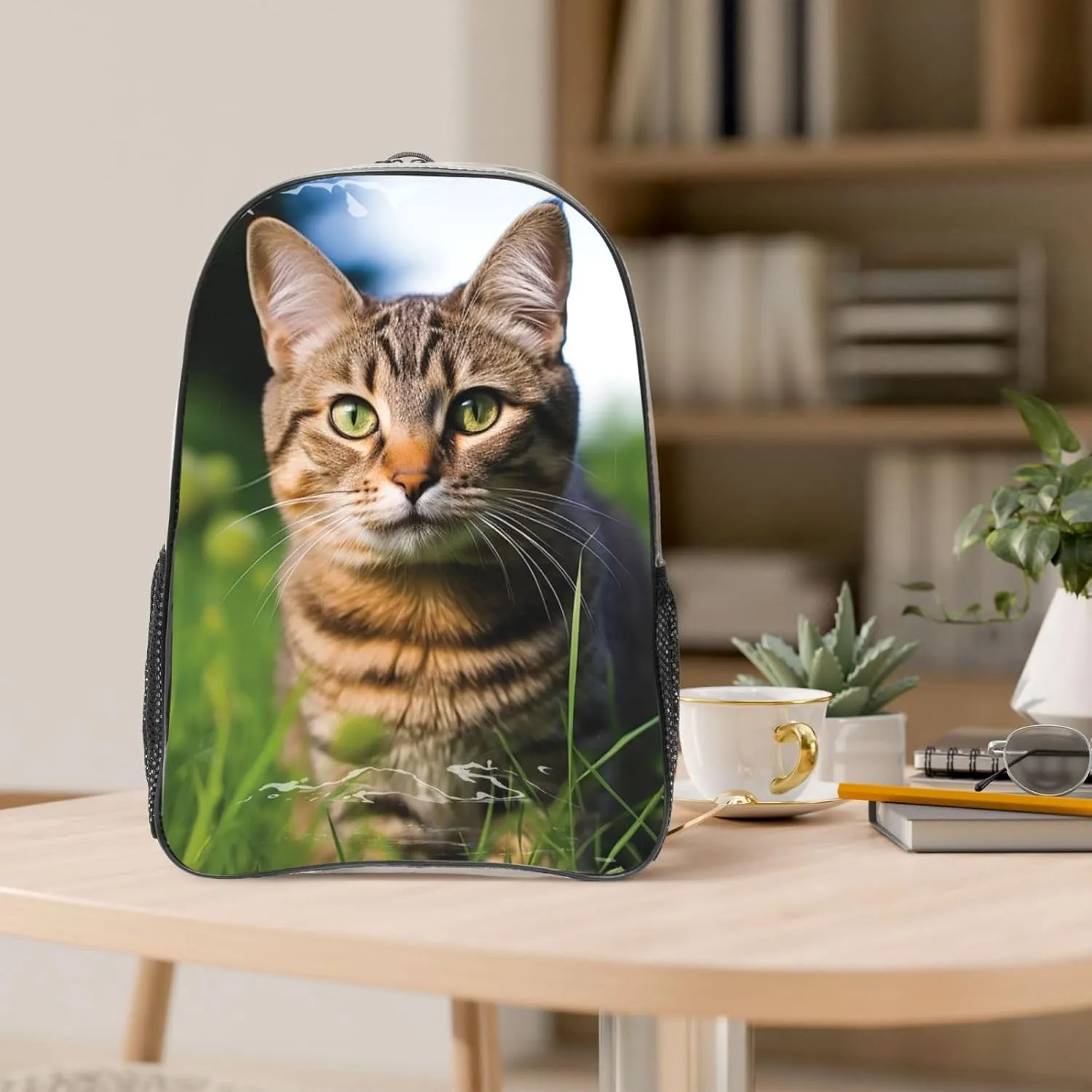 Clear Backpack Heavy Duty PVC Transparent Bookbag A tabby cat on the grass looking at the camera Backpack Daypack Laptop Backpack