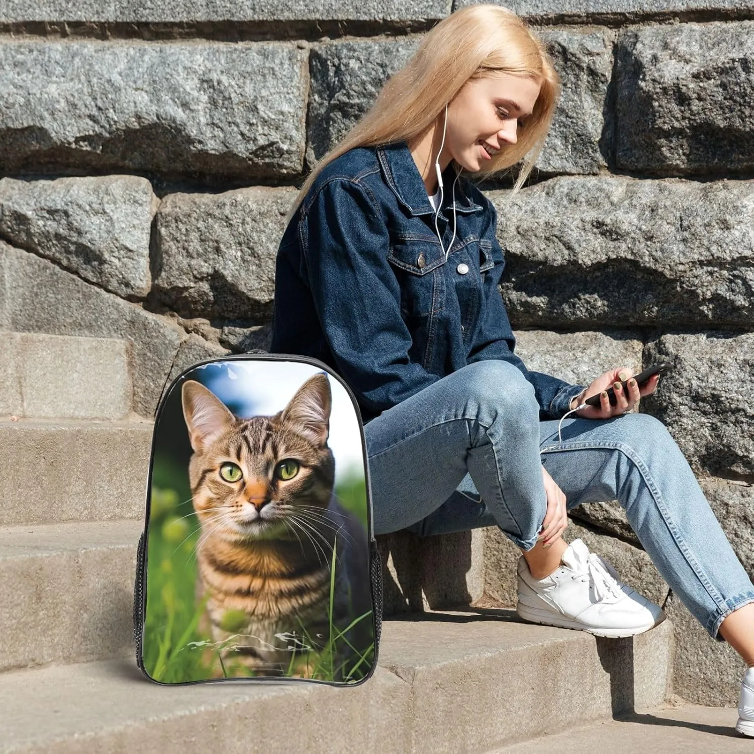 Clear Backpack Heavy Duty PVC Transparent Bookbag A tabby cat on the grass looking at the camera Backpack Daypack Laptop Backpack