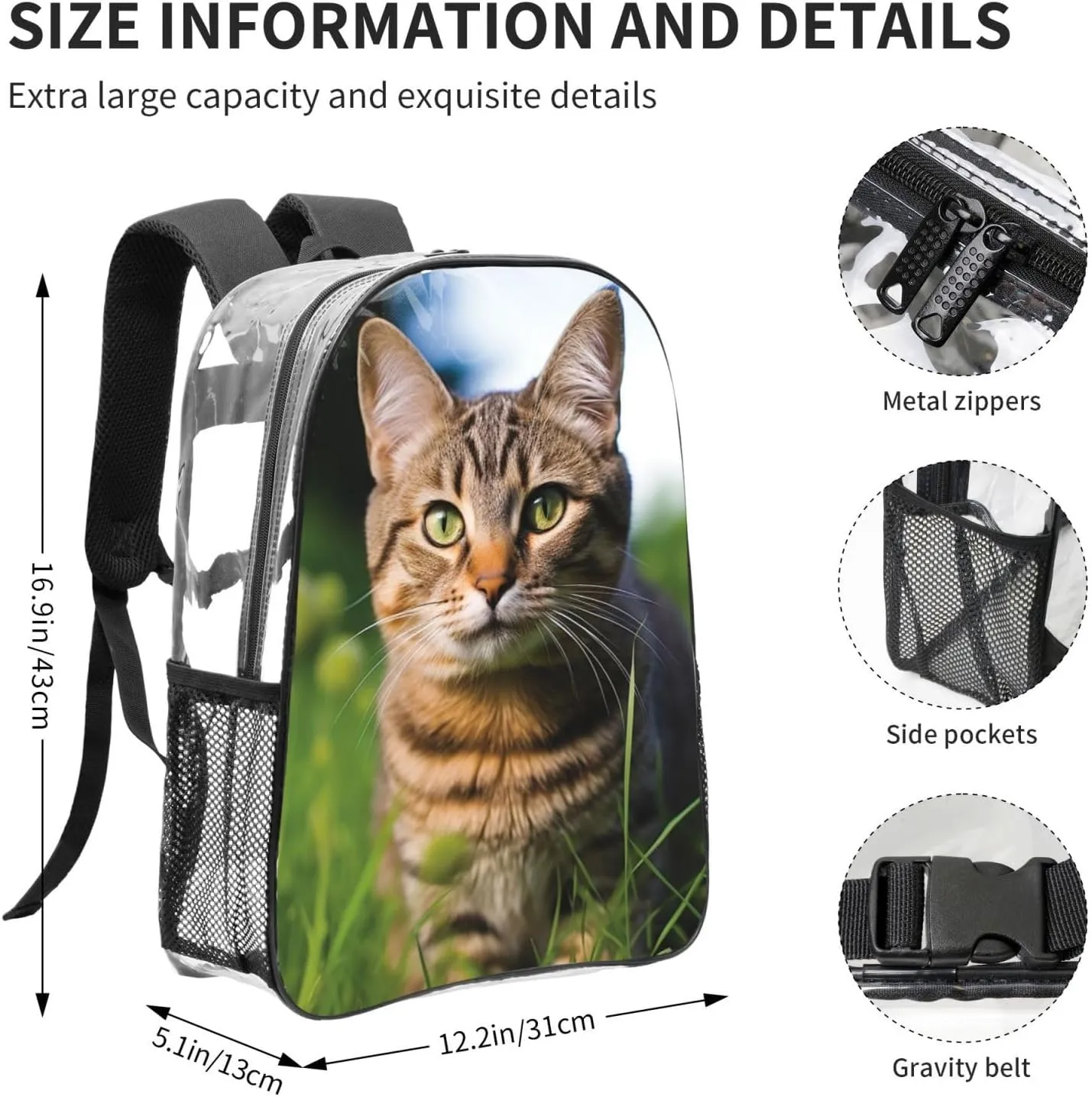 Clear Backpack Heavy Duty PVC Transparent Bookbag A tabby cat on the grass looking at the camera Backpack Daypack Laptop Backpack