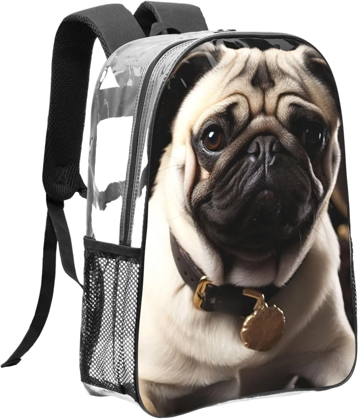 Clear Backpack Heavy Duty PVC Transparent Bookbag Cool Pug Dog Backpack Daypack Laptop Backpack