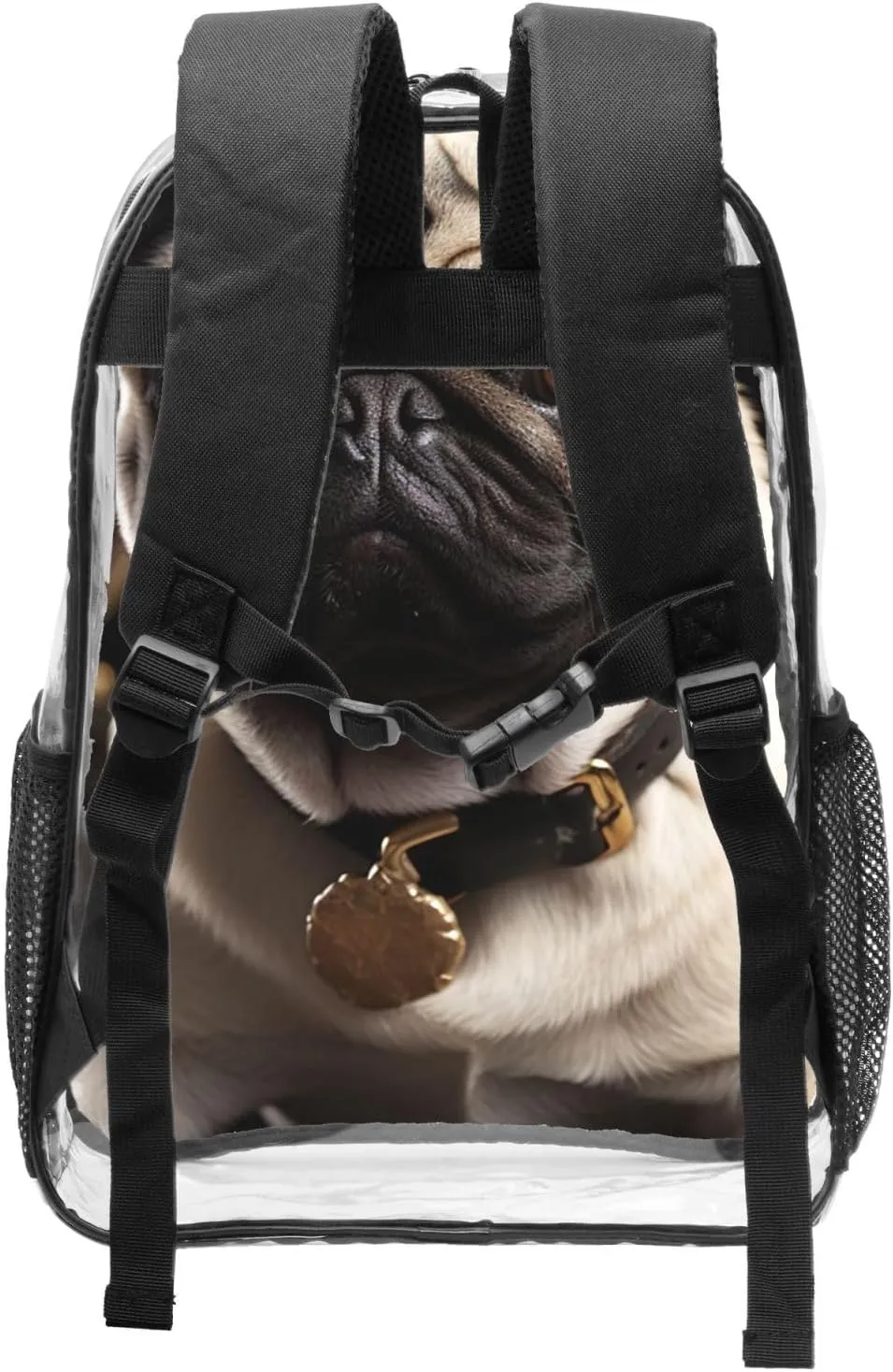 Clear Backpack Heavy Duty PVC Transparent Bookbag Cool Pug Dog Backpack Daypack Laptop Backpack