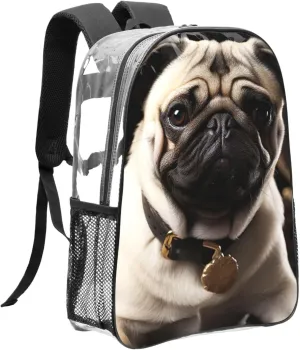 Clear Backpack Heavy Duty PVC Transparent Bookbag Cool Pug Dog Backpack Daypack Laptop Backpack