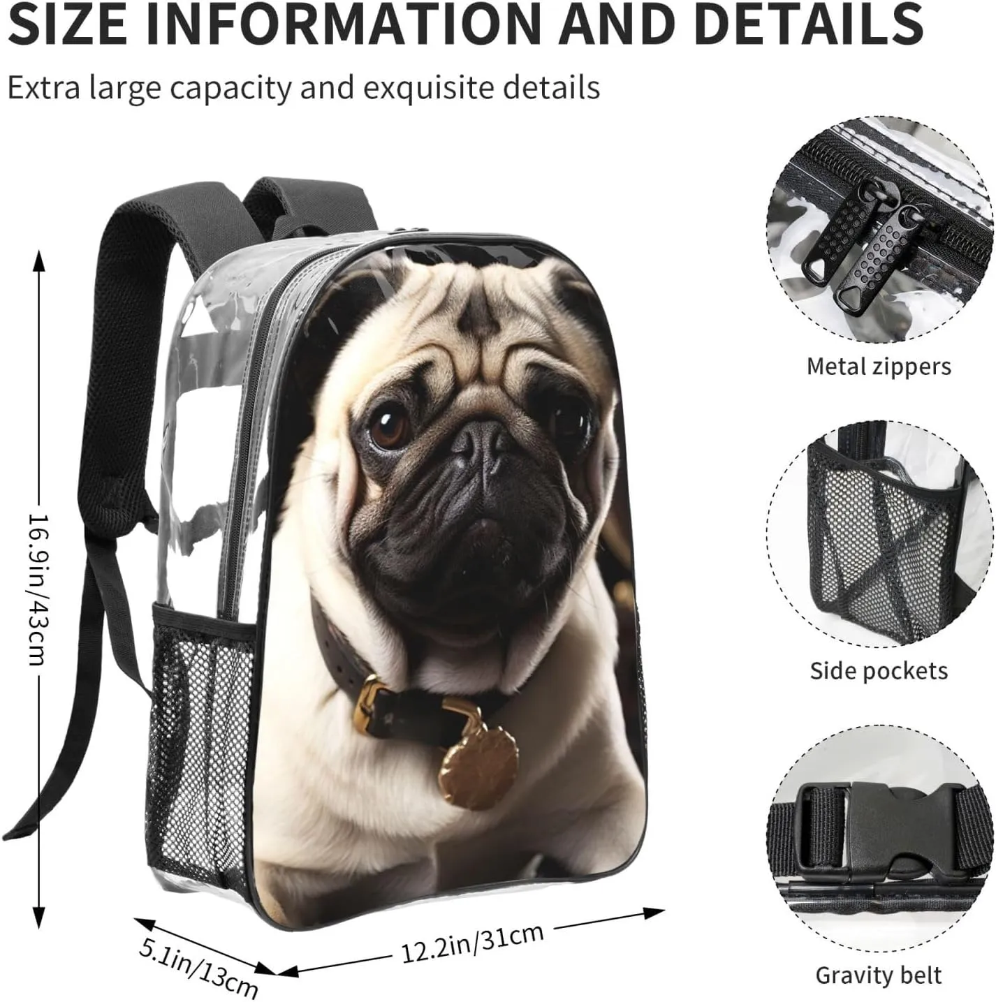 Clear Backpack Heavy Duty PVC Transparent Bookbag Cool Pug Dog Backpack Daypack Laptop Backpack