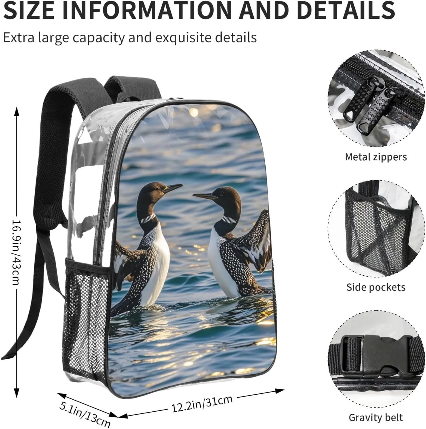 Clear Backpack Heavy Duty PVC Transparent Bookbag Loon Birds Backpack Daypack Laptop Backpack