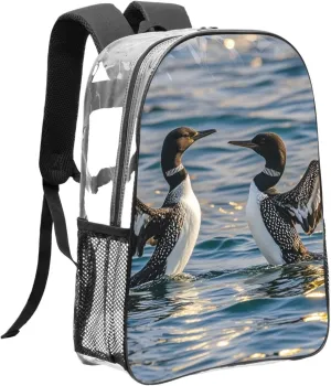 Clear Backpack Heavy Duty PVC Transparent Bookbag Loon Birds Backpack Daypack Laptop Backpack