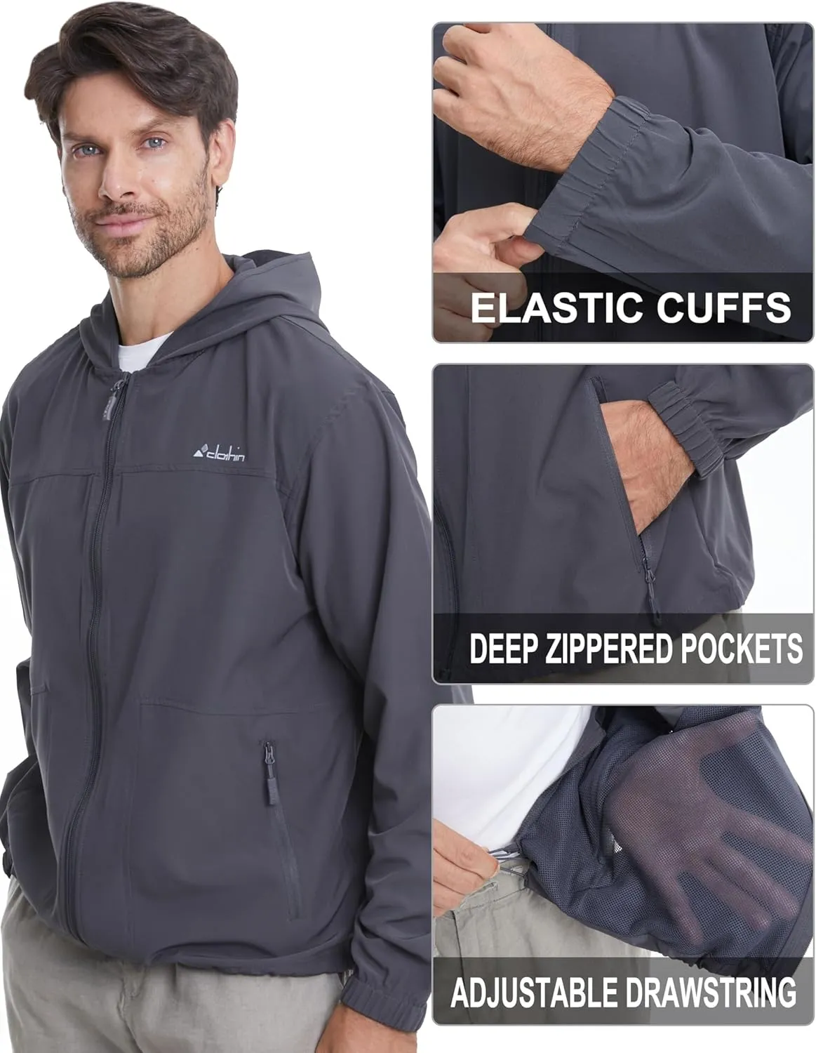 clothin Mens Lightweight Running Jacket with Hood Zip Pockets for Fishing Hiking Travel