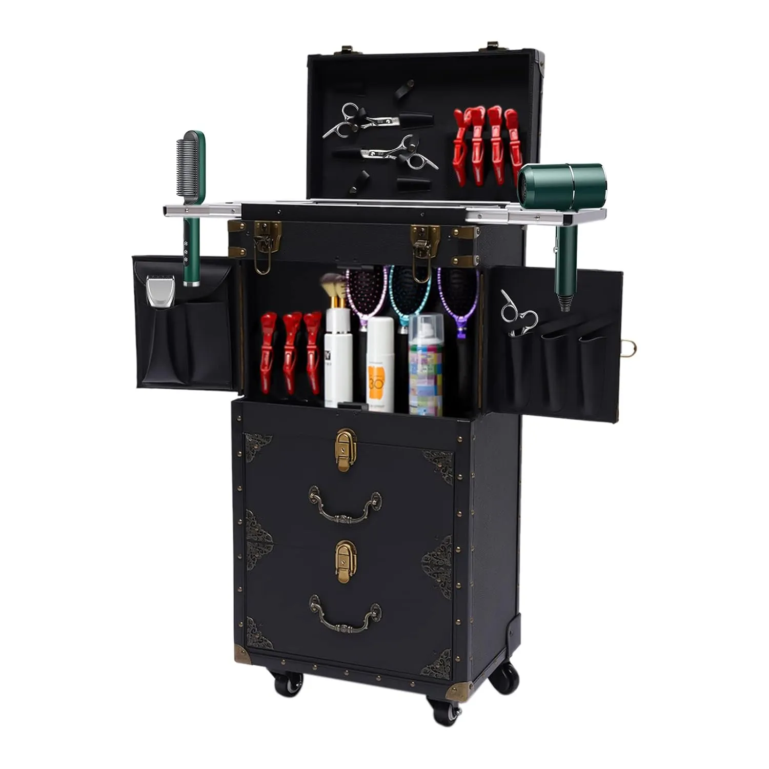 CNCEST Beauty Salon Luggage,Rolling Lockable Makeup Train Case Hairdressing Trolley Stylist Beauty Salon Cosmetic Luggage Travel Organizer Tool Box with Hair Dryer Holder