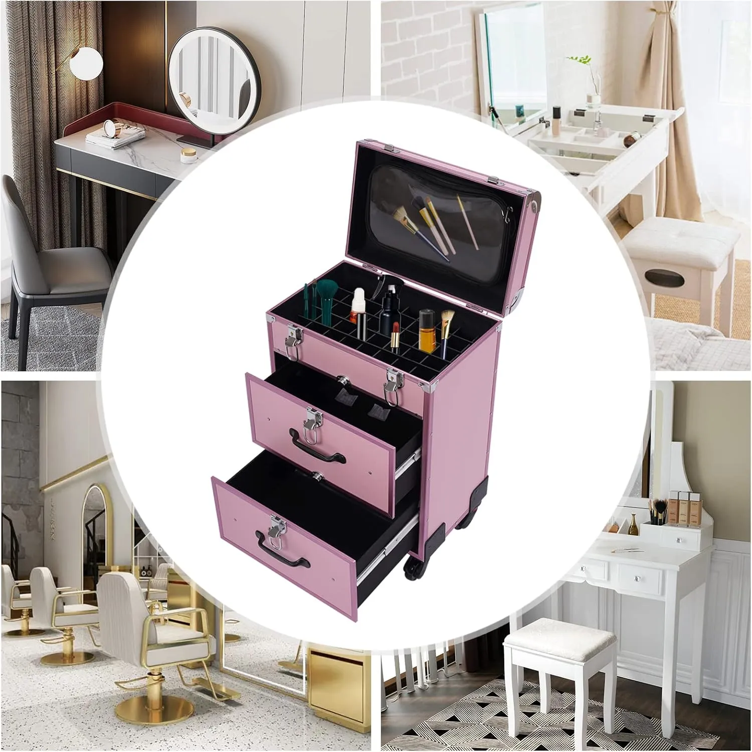 CNCEST Rolling Makeup Train Case,Rolling Makeup Cosmetic Case Trolley Case Nail Polish Organizer for Studio or Travelling Nail Technician Artists Cosmetologist Stylist,with 4 Wheels(PinkB)
