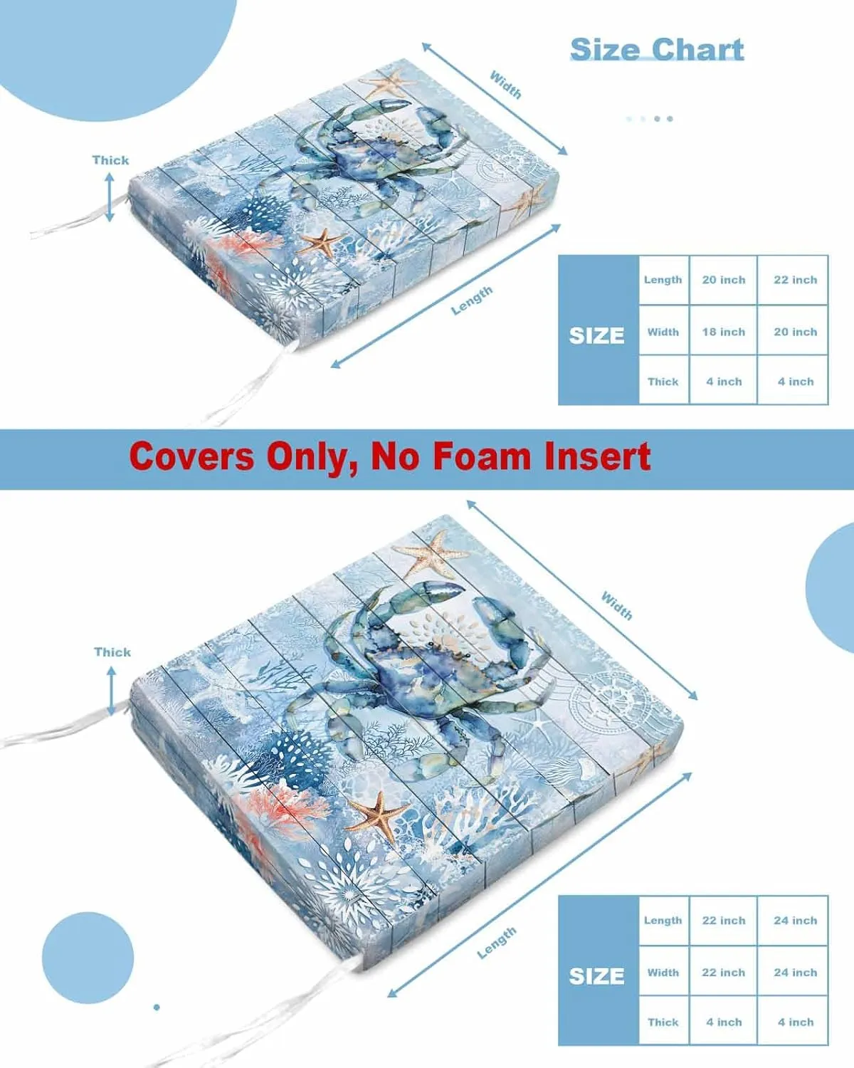 Coastal Blue Crab Outdoor Cushion Chair Cover Set of 4 - Waterproof Couch Seat Covers, Ocean Nautical Starfish Coral Wooden Patio Furniture Protector Cushions Slipcovers for Sofa/RV, 20"x18"x4"