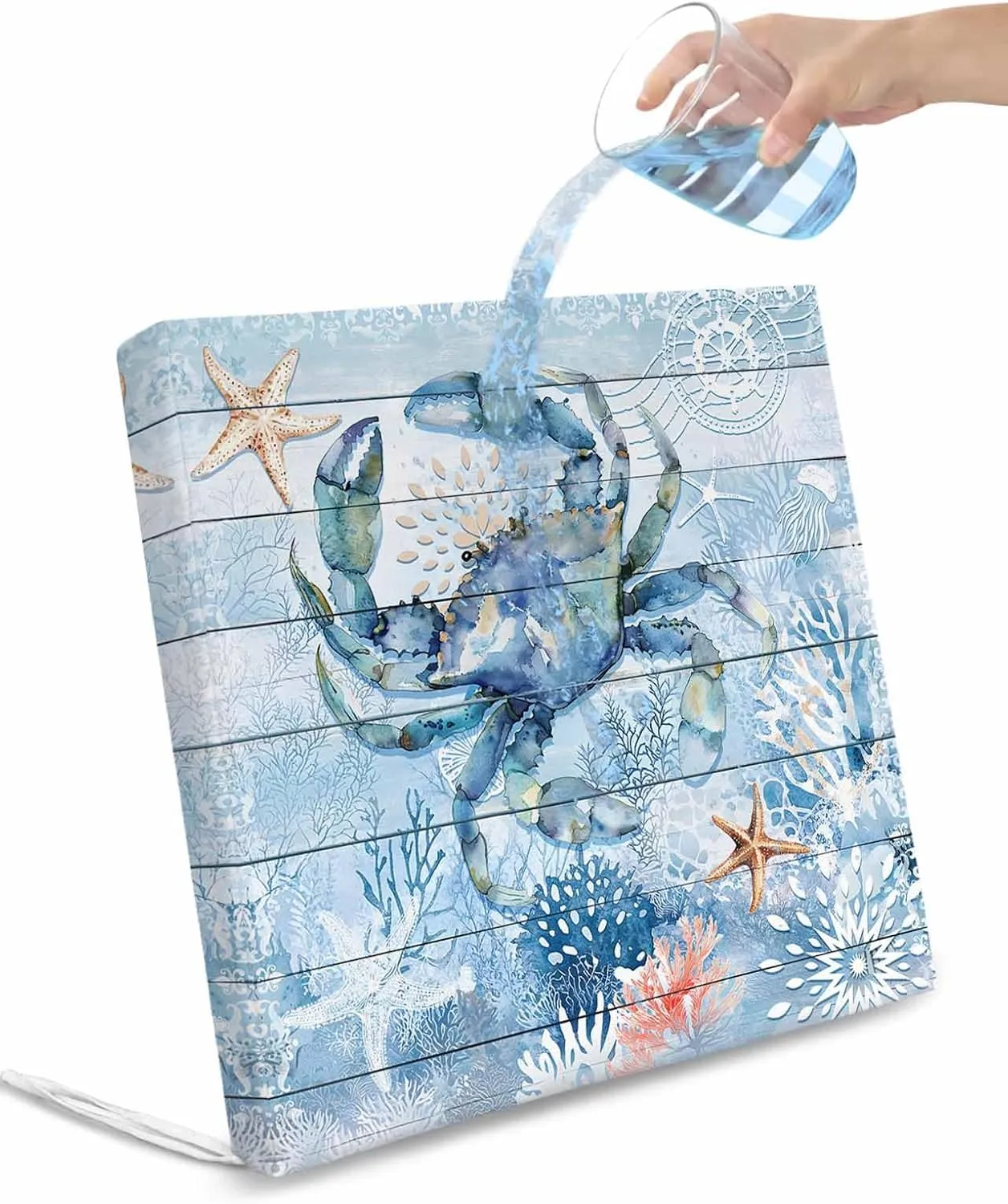 Coastal Blue Crab Outdoor Cushion Chair Cover Set of 4 - Waterproof Couch Seat Covers, Ocean Nautical Starfish Coral Wooden Patio Furniture Protector Cushions Slipcovers for Sofa/RV, 20"x18"x4"