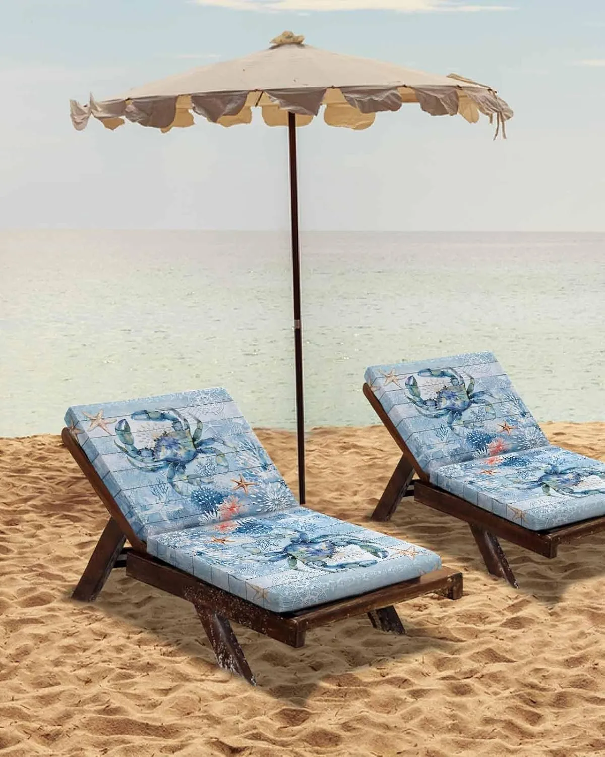 Coastal Blue Crab Outdoor Cushion Chair Cover Set of 4 - Waterproof Couch Seat Covers, Ocean Nautical Starfish Coral Wooden Patio Furniture Protector Cushions Slipcovers for Sofa/RV, 20"x18"x4"