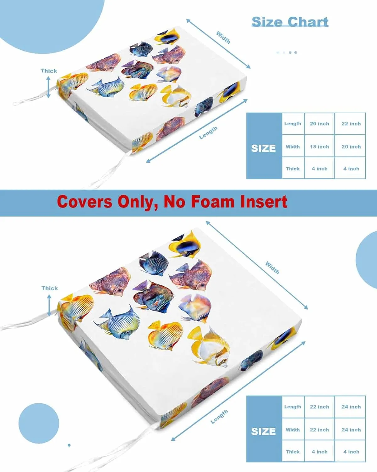 Coastal Fishes Outdoor Cushion Chair Cover Set of 2 - Waterproof Couch Seat Covers, Summer Beach Ocean Life Watercolor Patio Furniture Protector Cushions Slipcovers for Sofa/RV, 22"x20"x4"