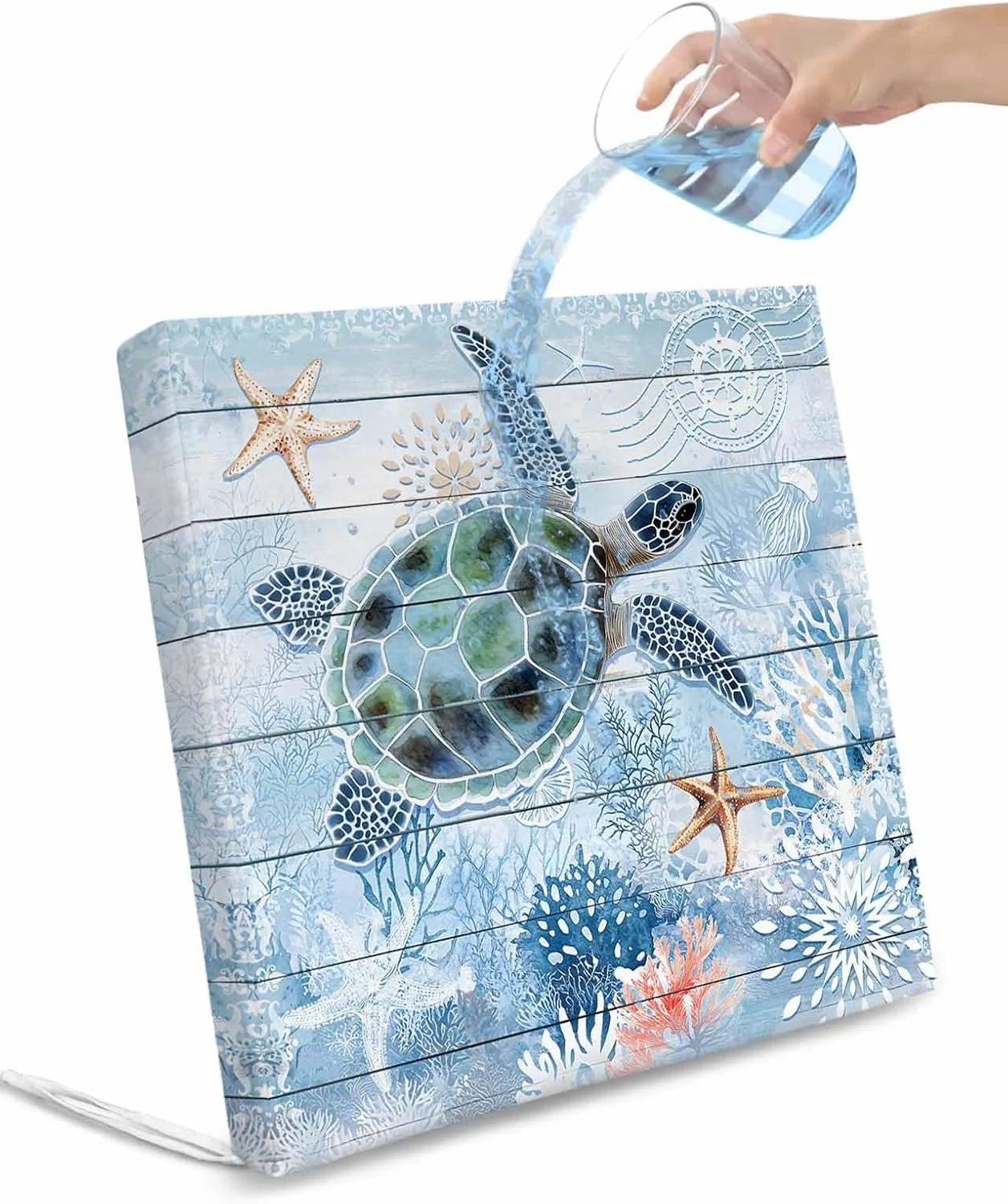 Coastal Ocean Turtle Outdoor Cushion Chair Cover Set of 4 - Waterproof Couch Seat Covers, Nautical Starfish Coral Wooden Grain Patio Furniture Protector Cushions Slipcovers for Sofa/RV, 20"x18"x4"