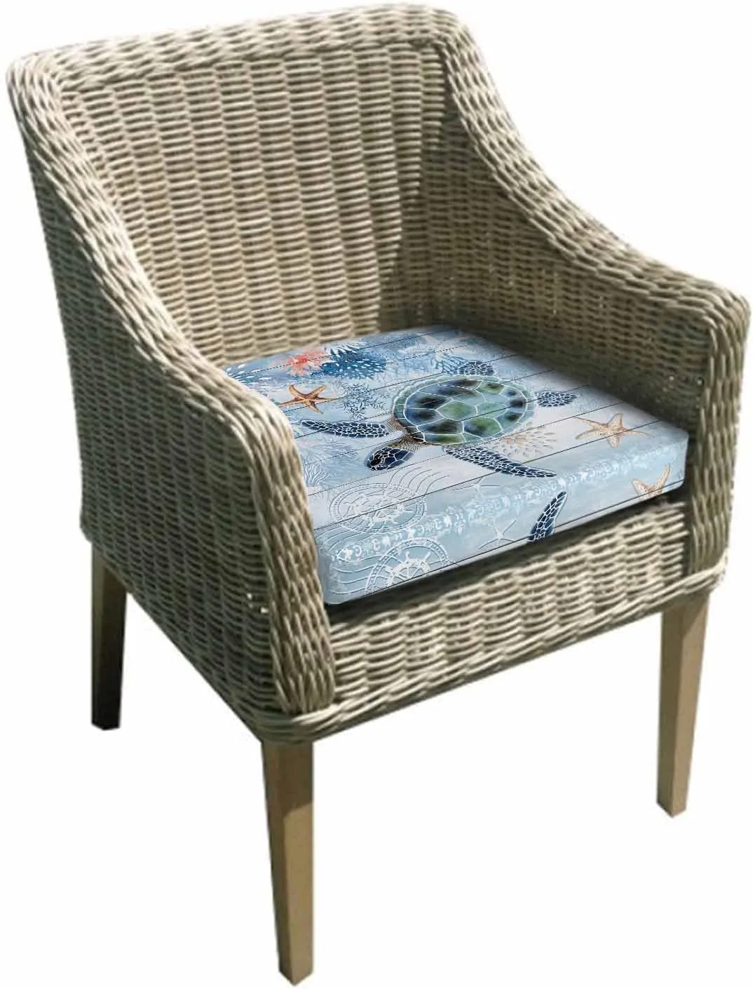 Coastal Ocean Turtle Outdoor Cushion Chair Cover Set of 4 - Waterproof Couch Seat Covers, Nautical Starfish Coral Wooden Grain Patio Furniture Protector Cushions Slipcovers for Sofa/RV, 20"x18"x4"