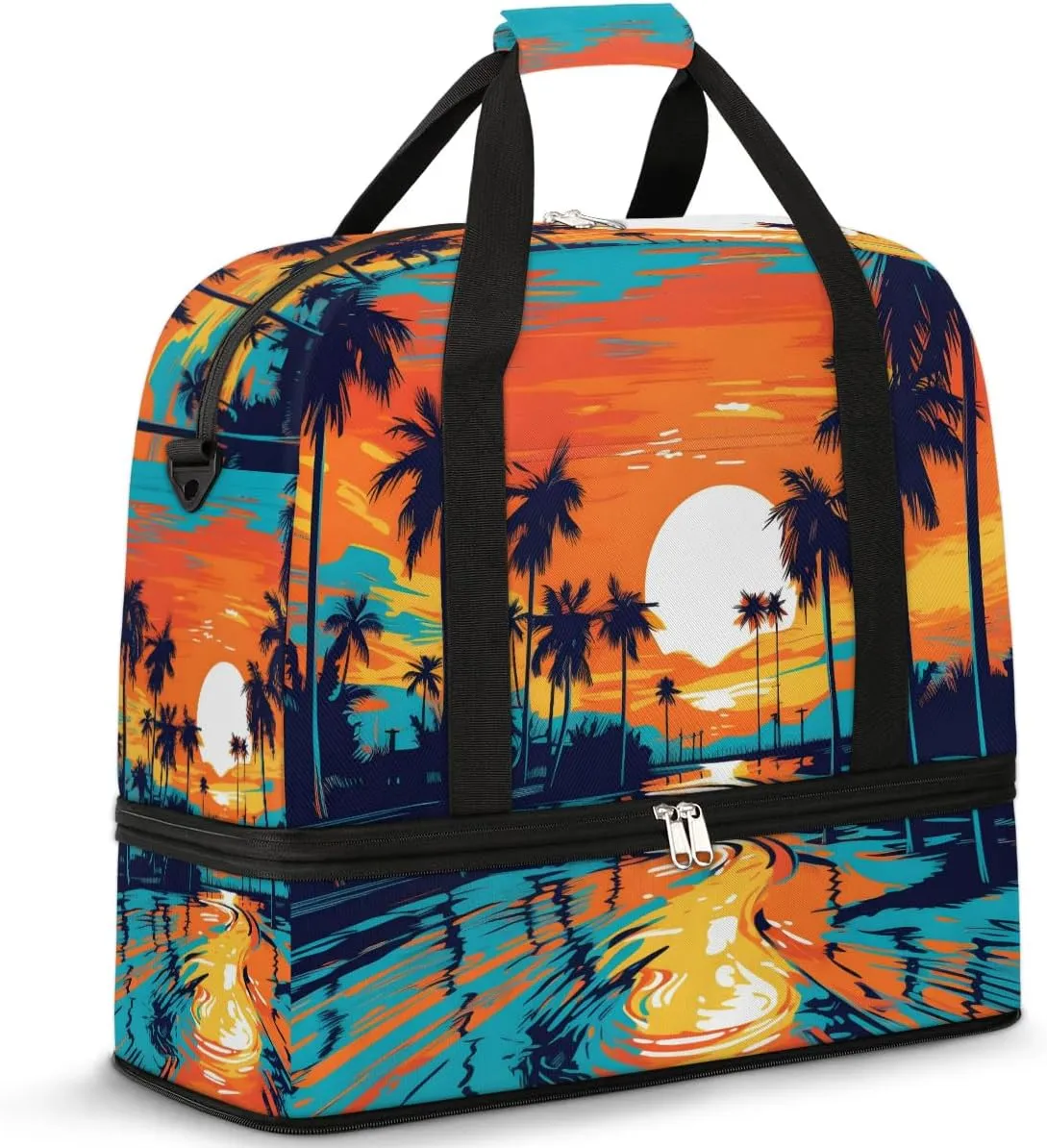 Coconut Tree Sunset Paint Travel Duffel Bag for Women Men Weekender Overnight Bag with Shoe Compartment Foldable Sports Gym Luggage Bag