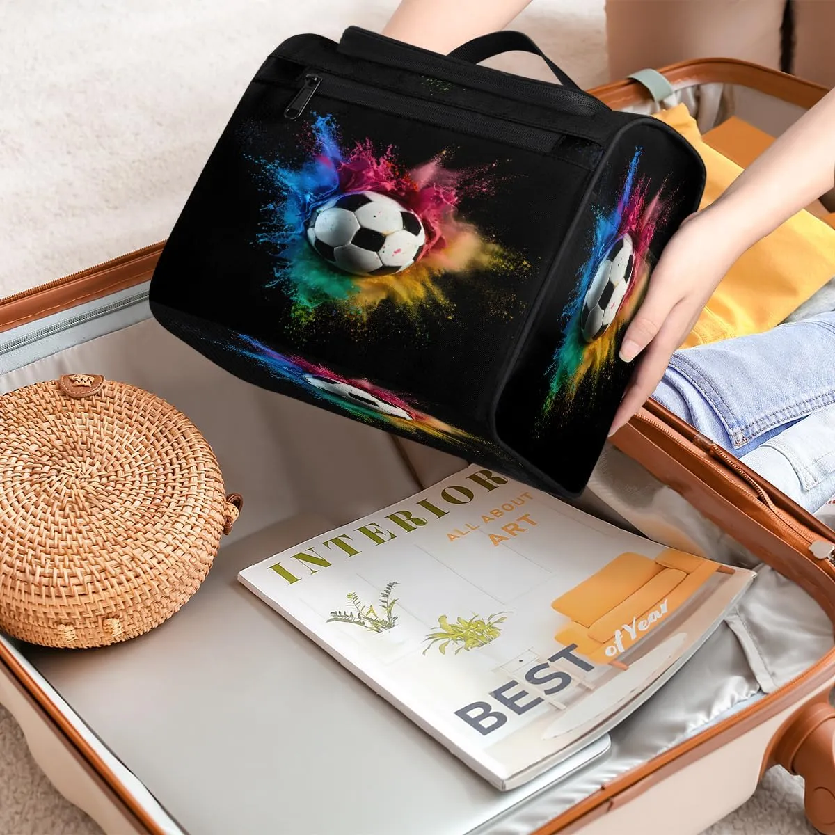 Colored Soccer Travel Toiletry Bag for Women Large Capacity Wide-open Makeup Organizer Cosmetic Travel Bags for Toiletries