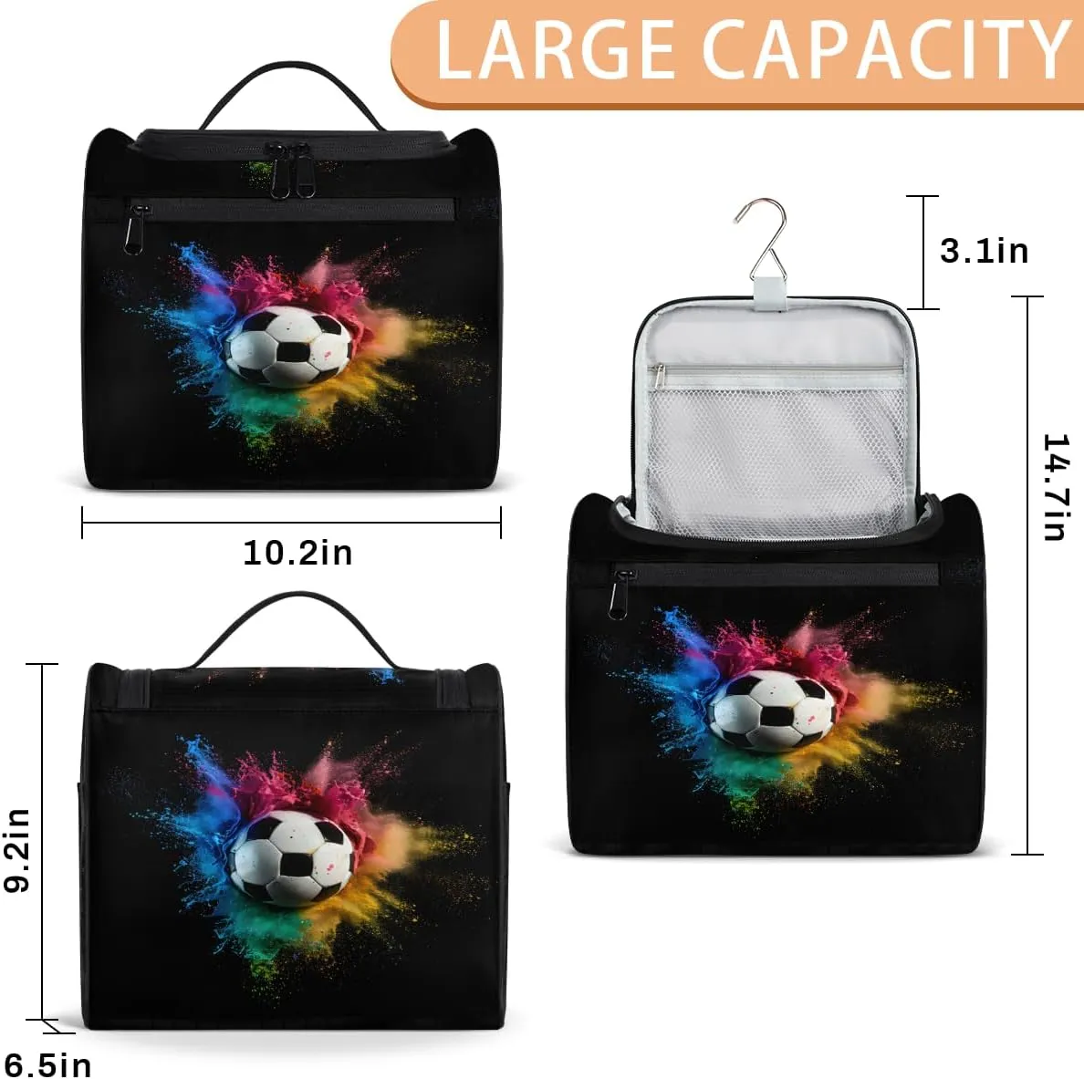 Colored Soccer Travel Toiletry Bag for Women Large Capacity Wide-open Makeup Organizer Cosmetic Travel Bags for Toiletries