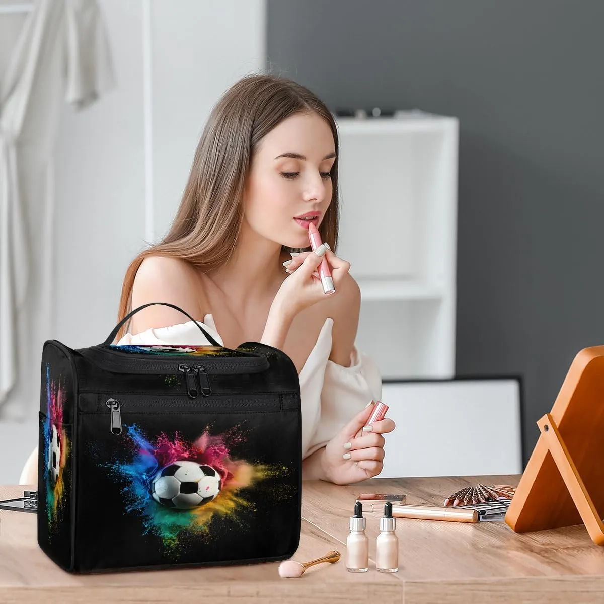 Colored Soccer Travel Toiletry Bag for Women Large Capacity Wide-open Makeup Organizer Cosmetic Travel Bags for Toiletries