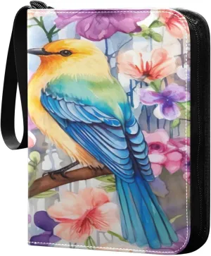 Colorful Birds Flowers Card Binder 4-Pocket, 400 Pockets Trading Cards Holder Games Card Albums Storage Organizer Case for Football, Baseball Cards