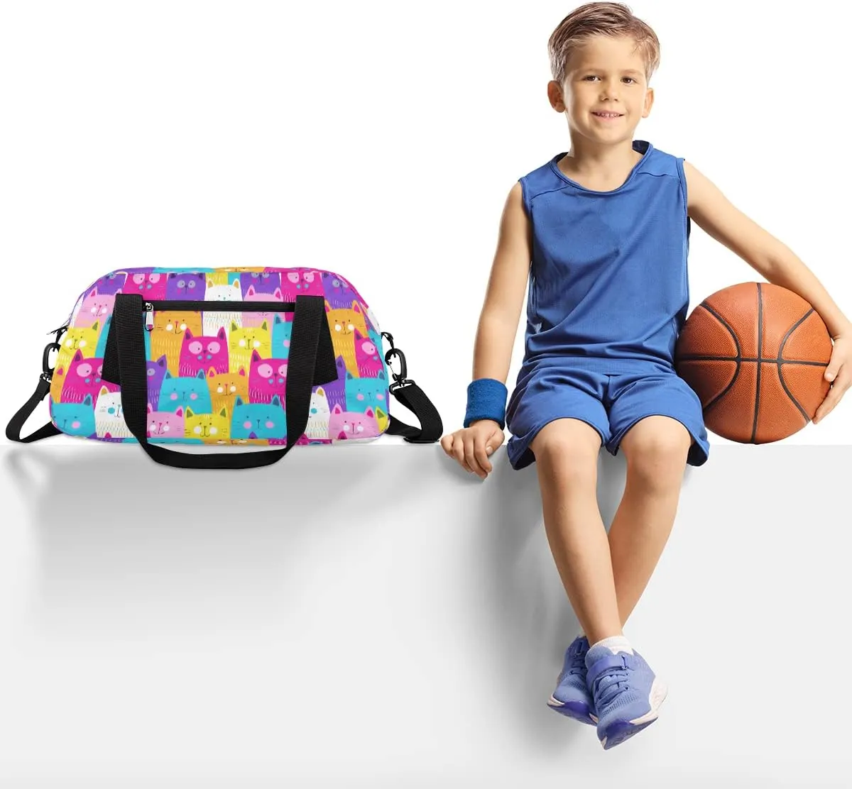 Colorful Cat Kids Duffle Bag Girls Dance Bag Lightweight Water Resistant Foldable Sports Gym Bag Travel Weekender Overnight Sleepover Carryon Travel Bag for Teen Girls School Practice Gymnastic Ballet
