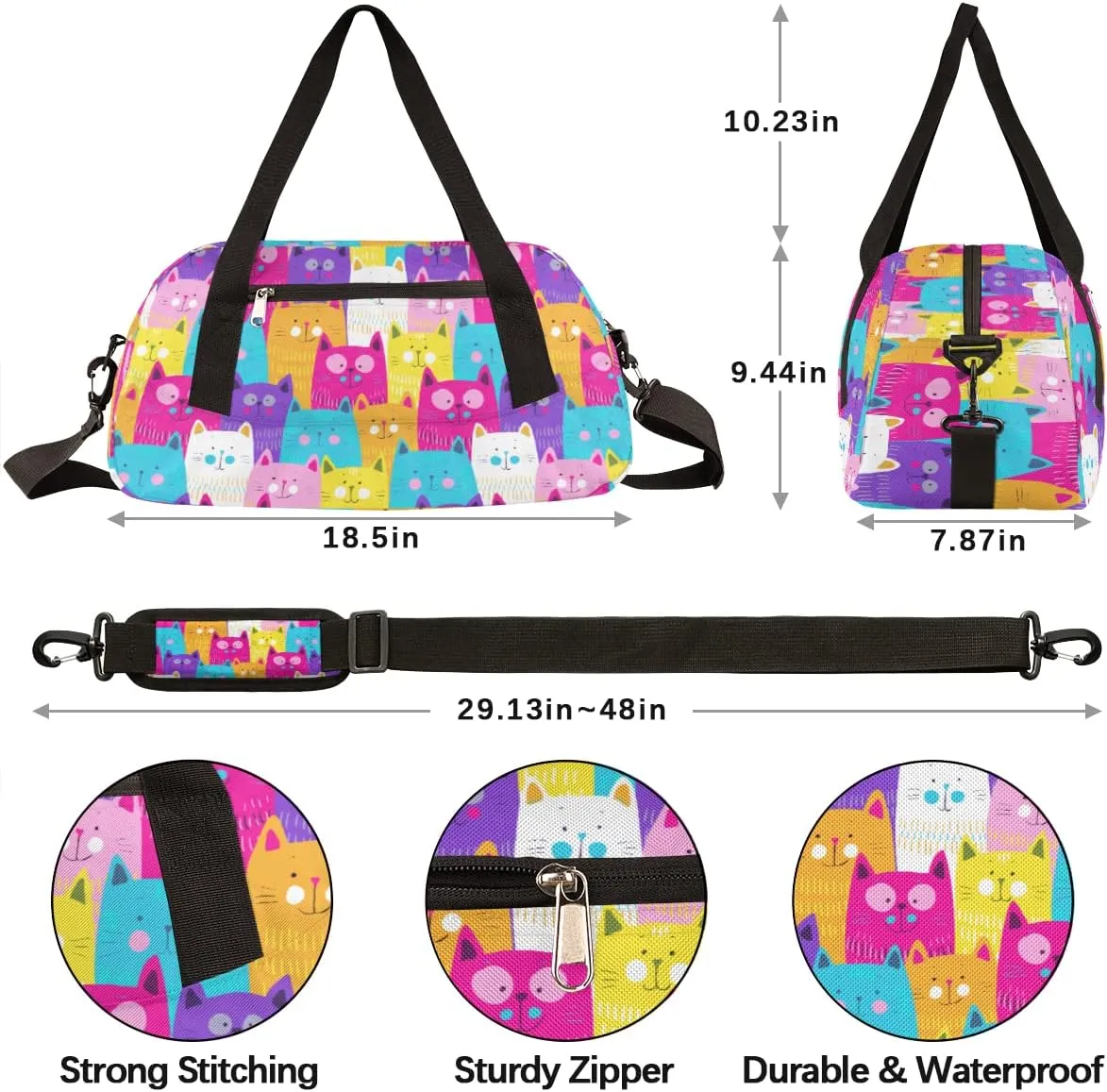 Colorful Cat Kids Duffle Bag Girls Dance Bag Lightweight Water Resistant Foldable Sports Gym Bag Travel Weekender Overnight Sleepover Carryon Travel Bag for Teen Girls School Practice Gymnastic Ballet