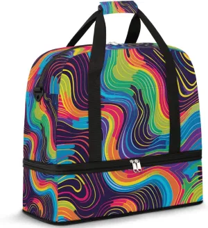 Colorful Curve Pattern Travel Duffel Bag for Women Men Weekender Overnight Bag with Shoe Compartment Foldable Sports Gym Luggage Bag